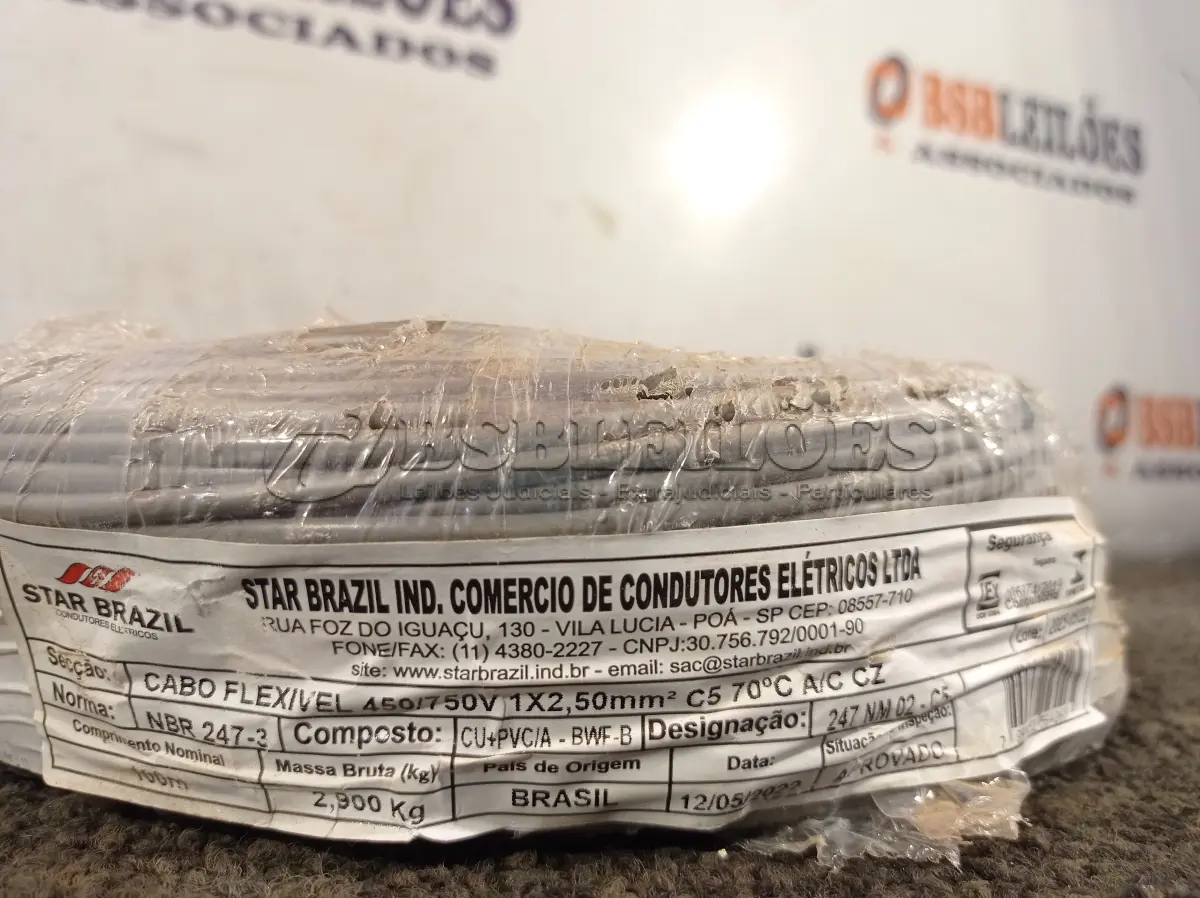 LOTE 346 - 01 ROLO DE CABO FLEXÍVEL 100M 2,5MM NA COR CINZA(NOVO). (NO ESTADO) ATENÇÃO! FAZER A VISITAÇÃO ANTES DE ARREMATAR, NÃO SABEMOS SE FUNCIONA. LEILÃO NÃO TEM GARANTIA E NEM DEVOLUÇÃO, SUJEITO A POSSÍVEIS AVARIAS VISÍVEIS/OCULTAS E/OU AUSÊNCIA DE COMPONENTES.