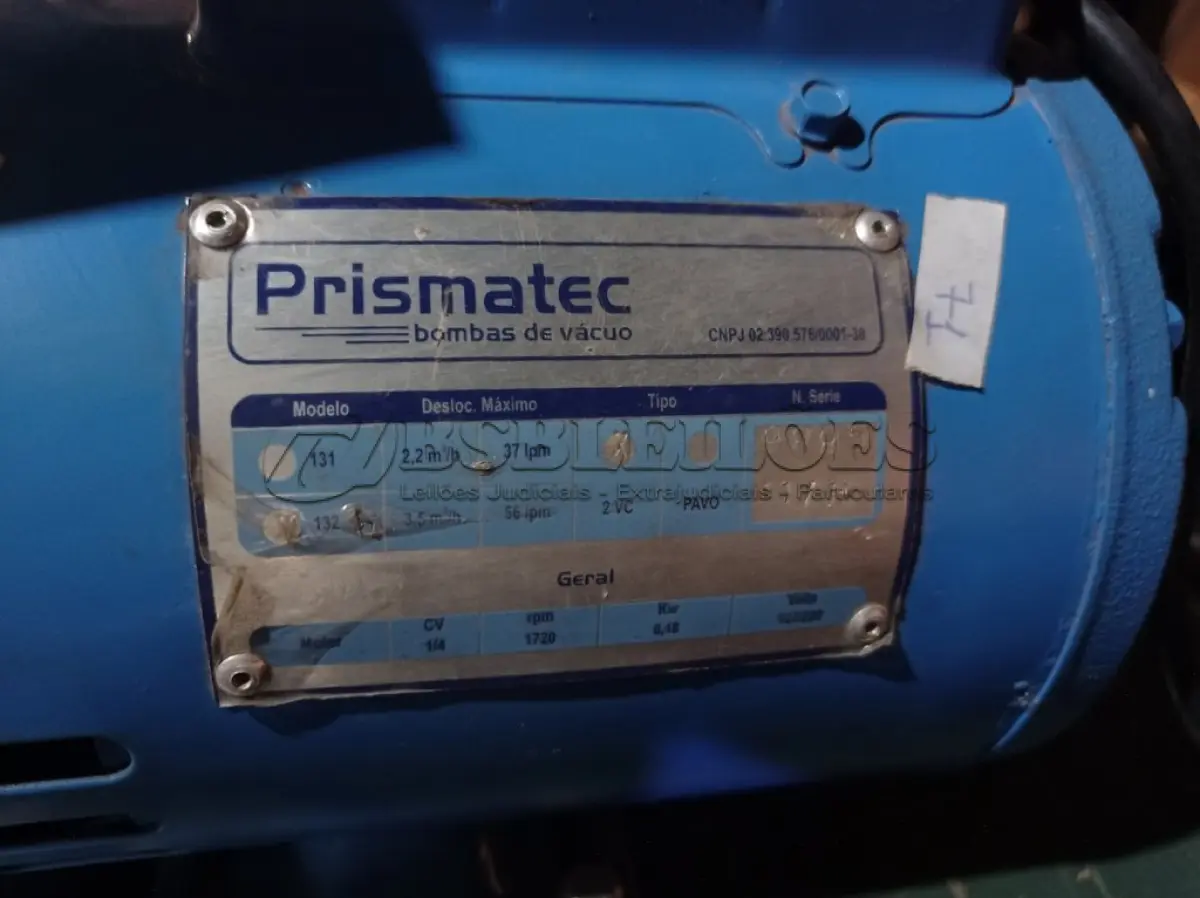 LOTE 041 - 01 BOMBA DE VÁCUO MARCA PRISMATEC 127/220V. (NO ESTADO) ATENÇÃO! FAZER A VISITAÇÃO ANTES DE ARREMATAR, NÃO SABEMOS SE FUNCIONA. LEILÃO NÃO TEM GARANTIA E NEM DEVOLUÇÃO, SUJEITO A POSSÍVEIS AVARIAS VISÍVEIS/OCULTAS E/OU AUSÊNCIA DE COMPONENTES.