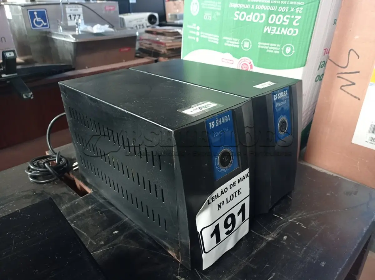 LOTE 191 - 02 ESTABILIZADORES TS SHARA 1500VA. (NO ESTADO) ATENÇÃO! FAZER A VISITAÇÃO ANTES DE ARREMATAR, NÃO SABEMOS SE FUNCIONA. LEILÃO NÃO TEM GARANTIA E NEM DEVOLUÇÃO, SUJEITO A POSSÍVEIS AVARIAS VISÍVEIS/OCULTAS E/OU AUSÊNCIA DE COMPONENTES.