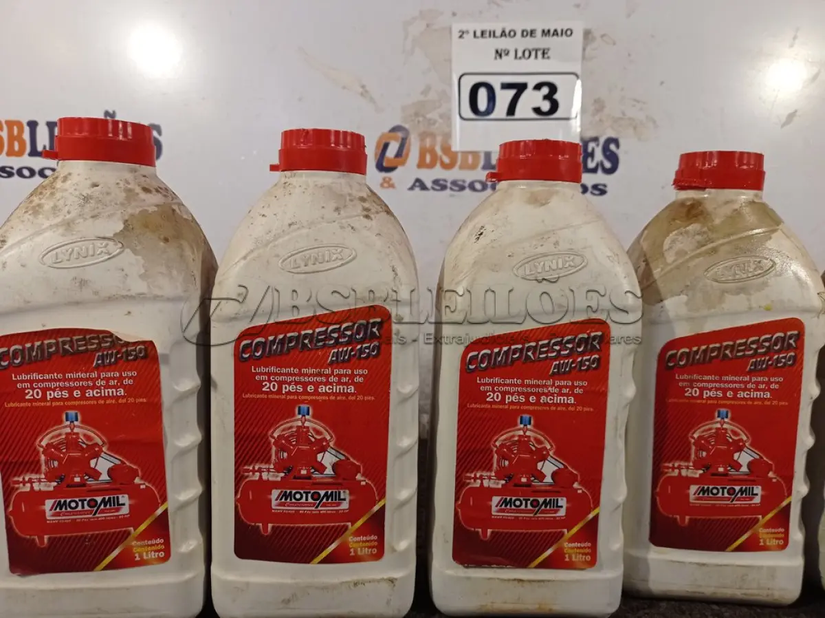 LOTE 073 - 05 LITROS DE LUBRIFICANTE MINERAL AW-150, PARA USO EM COMPRESSORES DE AR DE 20 PÉS E ACIMA. (NO ESTADO) ATENÇÃO! FAZER A VISITAÇÃO ANTES DE ARREMATAR, NÃO SABEMOS SE FUNCIONA. LEILÃO NÃO TEM GARANTIA E NEM DEVOLUÇÃO, SUJEITO A POSSÍVEIS AVARIAS VISÍVEIS/OCULTAS E/OU AUSÊNCIA DE COMPONENTES.