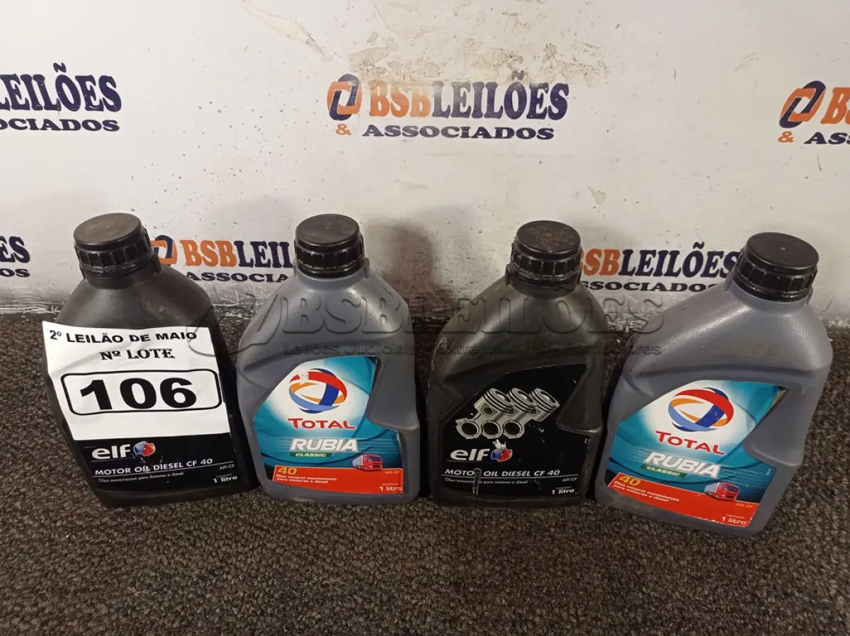LOTE 106 - 04 LITROS DE ÓLEO MINERAL MONOVISCOSO PARA MOTORES A DIESEL API CF 40. (NO ESTADO) ATENÇÃO! FAZER A VISITAÇÃO ANTES DE ARREMATAR, NÃO SABEMOS SE FUNCIONA. LEILÃO NÃO TEM GARANTIA E NEM DEVOLUÇÃO, SUJEITO A POSSÍVEIS AVARIAS VISÍVEIS/OCULTAS E/OU AUSÊNCIA DE COMPONENTES.
