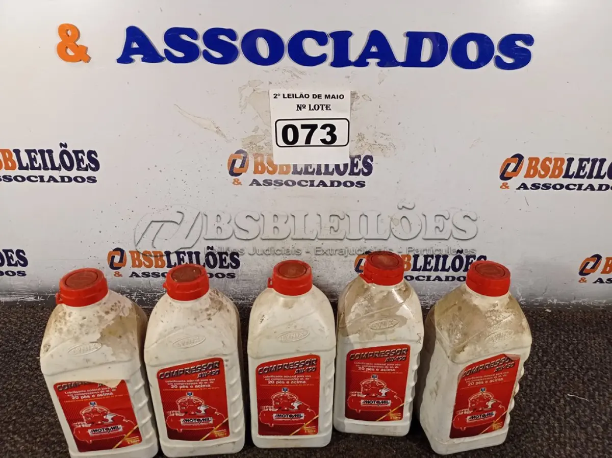 LOTE 073 - 05 LITROS DE LUBRIFICANTE MINERAL AW-150, PARA USO EM COMPRESSORES DE AR DE 20 PÉS E ACIMA. (NO ESTADO) ATENÇÃO! FAZER A VISITAÇÃO ANTES DE ARREMATAR, NÃO SABEMOS SE FUNCIONA. LEILÃO NÃO TEM GARANTIA E NEM DEVOLUÇÃO, SUJEITO A POSSÍVEIS AVARIAS VISÍVEIS/OCULTAS E/OU AUSÊNCIA DE COMPONENTES.