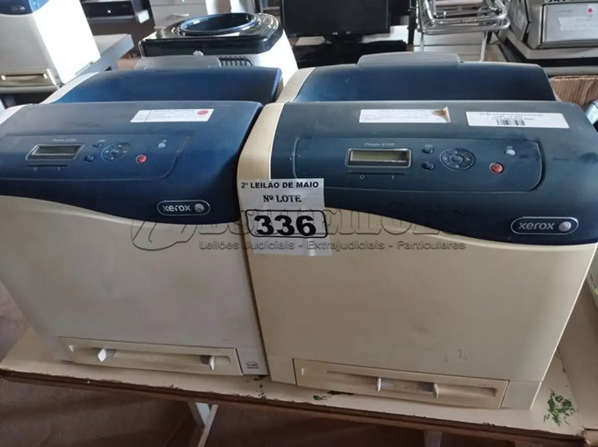 LOTE 336 - 02 IMPRESSORAS MARCAS XEROX PHASER 6500. (NO ESTADO) ATENÇÃO! FAZER A VISITAÇÃO ANTES DE ARREMATAR, NÃO SABEMOS SE FUNCIONA. LEILÃO NÃO TEM GARANTIA E NEM DEVOLUÇÃO, SUJEITO A POSSÍVEIS AVARIAS VISÍVEIS/OCULTAS E/OU AUSÊNCIA DE COMPONENTES.