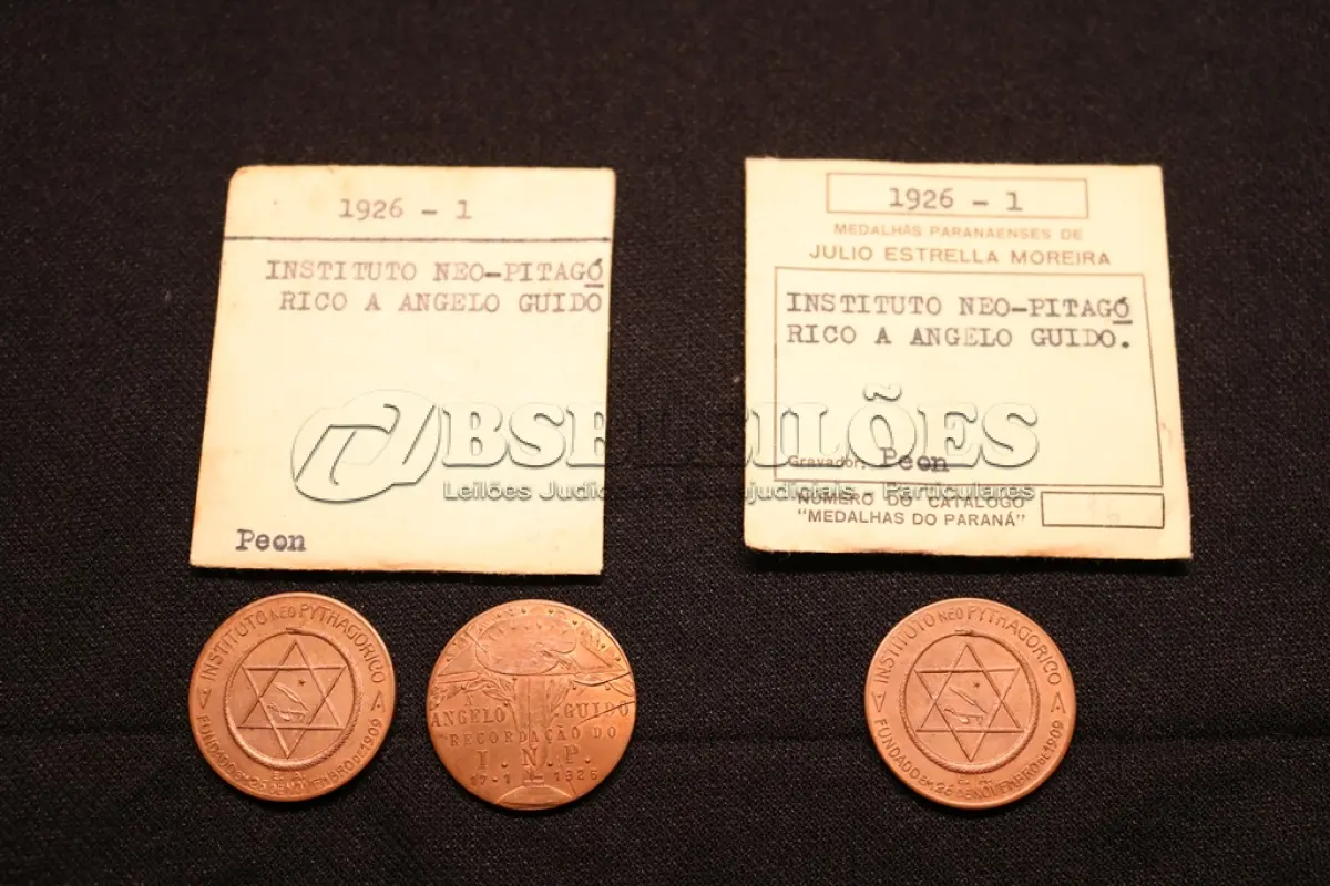 LOTE 004 - LOTE 4 – MEDALHAS PARANÁ EDUCAÇÃO E CULTURA 	MEDALHA	OBSERVAÇÕES 1.		Instituto Neo-pitagórico a Angelo Guido. 1926	Envelope de época 2.		Instituto Neo-pitagórico a Angelo Guido. 1926	Envelope de época 3.		Instituto Neo-pitagórico a Angelo Guido. 1926	Envelope da Coleção Júlio Estrella Moreira 4.		Colégio Estadual José Bonifácio, Paranagua. 1959 Gravadores: José Peon e José Tortatto.	Acobreada 5.		Inauguração da Escola Profissional República Argentina. 1932. Gravador: José Peon	Acobreada 6.		Homenagem ao professor Fernando Augusto Moreira. 1938. Gravador: José Peon	Retangular 7.		Homenagem ao professor Fernando Augusto Moreira. 1938. Gravador: José Peon	Retangular