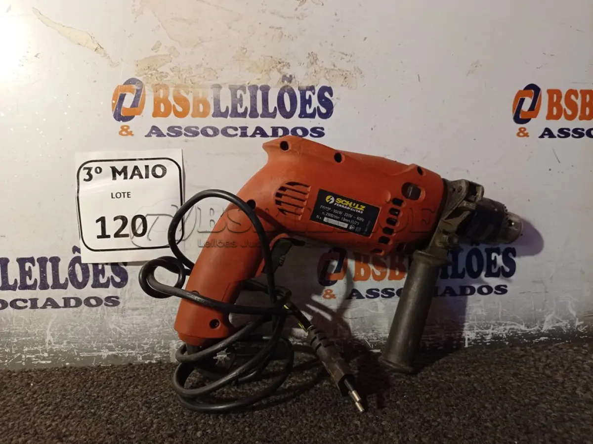 LOTE 120 - 01 PARAFUSADEIRA/FURADEIRA MARCA SCHUZ 220V. (NO ESTADO) ATENÇÃO! FAZER A VISITAÇÃO ANTES DE ARREMATAR, NÃO SABEMOS SE FUNCIONA. LEILÃO NÃO TEM GARANTIA E NEM DEVOLUÇÃO, SUJEITO A POSSÍVEIS AVARIAS VISÍVEIS/OCULTAS E/OU AUSÊNCIA DE COMPONENTES.