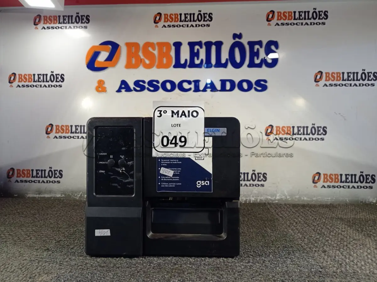 LOTE 049 - 01 IMPRESSORA DE ETIQUETAS MARCA ELGIN. (NO ESTADO) ATENÇÃO! FAZER A VISITAÇÃO ANTES DE ARREMATAR, NÃO SABEMOS SE FUNCIONA. LEILÃO NÃO TEM GARANTIA E NEM DEVOLUÇÃO, SUJEITO A POSSÍVEIS AVARIAS VISÍVEIS/OCULTAS E/OU AUSÊNCIA DE COMPONENTES.