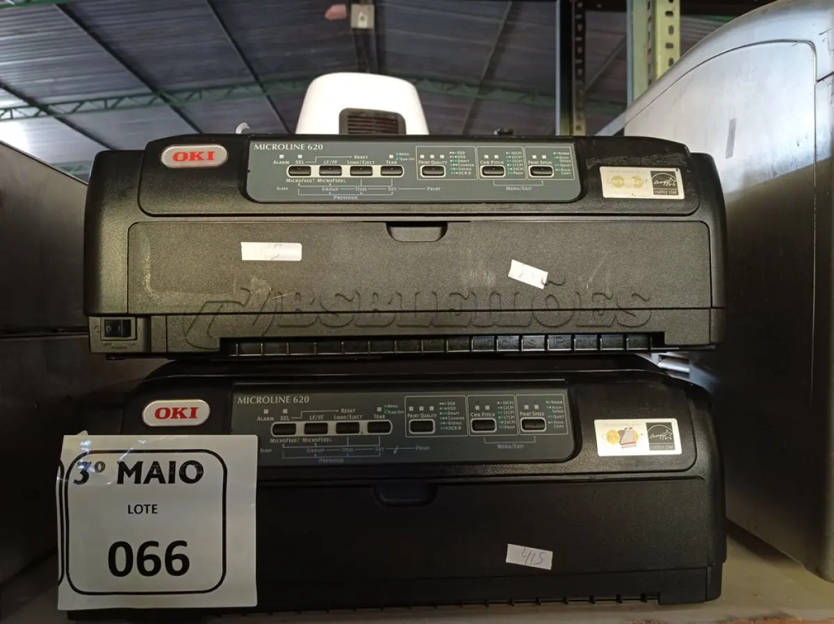 LOTE 066 - 02 IMPRESSORAS MATRICIAL MICROLINE 620 MARCA OKI. (NO ESTADO) ATENÇÃO! FAZER A VISITAÇÃO ANTES DE ARREMATAR, NÃO SABEMOS SE FUNCIONA. LEILÃO NÃO TEM GARANTIA E NEM DEVOLUÇÃO, SUJEITO A POSSÍVEIS AVARIAS VISÍVEIS/OCULTAS E/OU AUSÊNCIA DE COMPONENTES.