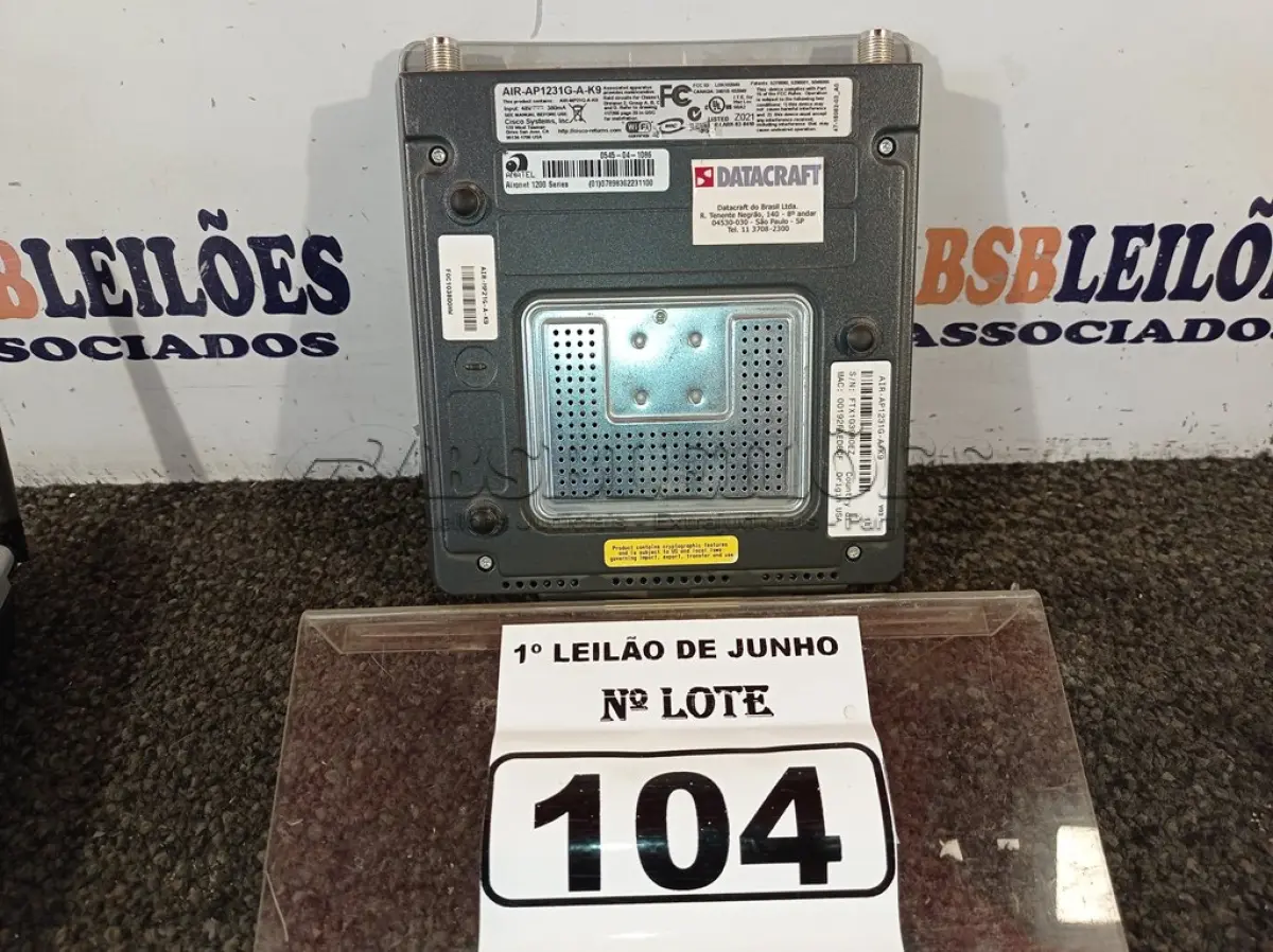 LOTE 104 - 01 LOTE COM 06 CISCOS AIRONET 1200 AIR-AP1231G-A-K9. (NO ESTADO) ATENÇÃO! FAZER A VISITAÇÃO ANTES DE ARREMATAR, NÃO SABEMOS SE FUNCIONA. LEILÃO NÃO TEM GARANTIA E NEM DEVOLUÇÃO, SUJEITO A POSSÍVEIS AVARIAS VISÍVEIS/OCULTAS E/OU AUSÊNCIA DE COMPONENTES.
