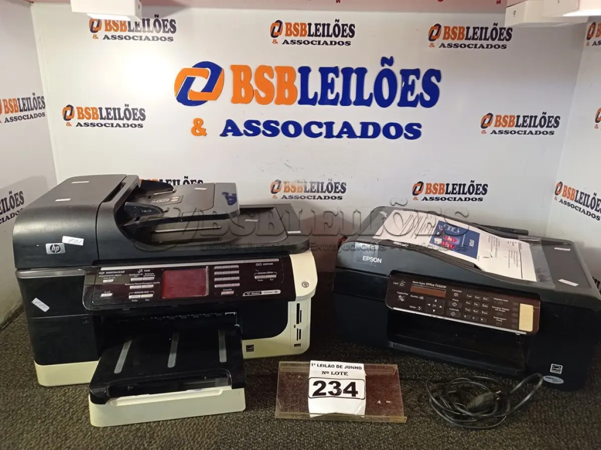 LOTE 234 - 02 IMPRESSORAS, SENDO 01 MARCA HP E 01 MARCA EPSON. (NO ESTADO) ATENÇÃO! FAZER A VISITAÇÃO ANTES DE ARREMATAR, NÃO SABEMOS SE FUNCIONA. LEILÃO NÃO TEM GARANTIA E NEM DEVOLUÇÃO, SUJEITO A POSSÍVEIS AVARIAS VISÍVEIS/OCULTAS E/OU AUSÊNCIA DE COMPONENTES.