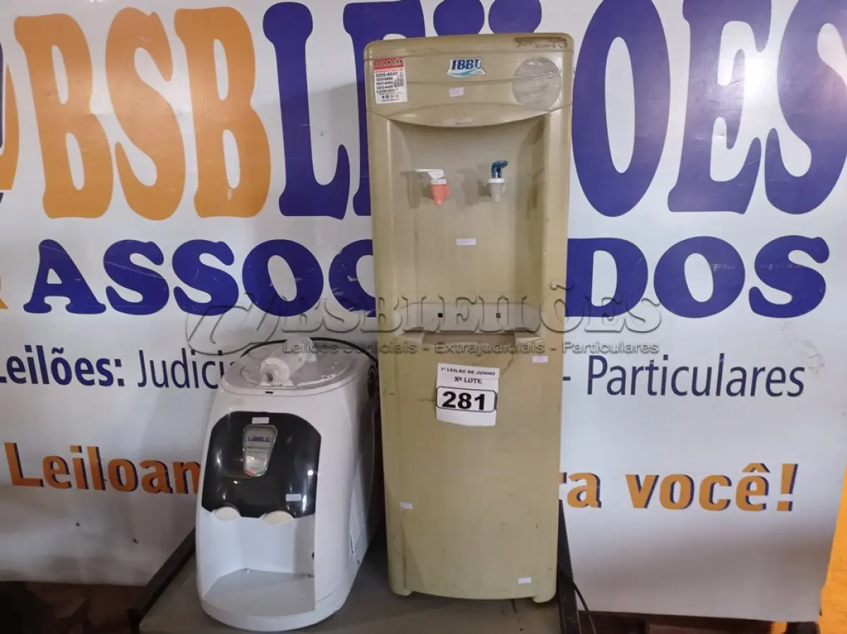 LOTE 281 - 0I PURIFICADOR DE ÁGUA MARCA LIBELL E 01 BEBEDOURO PARA GARRAFÃO MARCA IBBL. (NO ESTADO) ATENÇÃO! FAZER A VISITAÇÃO ANTES DE ARREMATAR, NÃO SABEMOS SE FUNCIONA. LEILÃO NÃO TEM GARANTIA E NEM DEVOLUÇÃO, SUJEITO A POSSÍVEIS AVARIAS VISÍVEIS/OCULTAS E/OU AUSÊNCIA DE COMPONENTES.