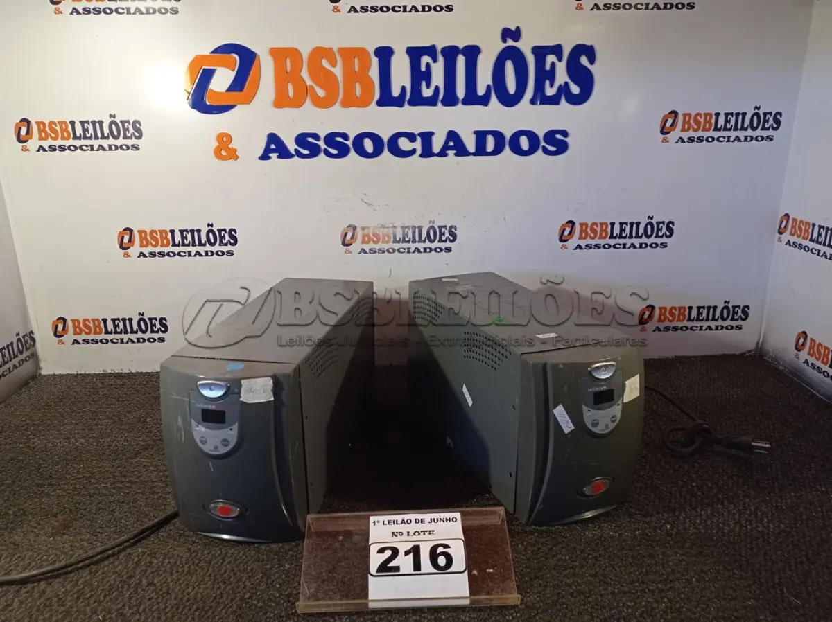 LOTE 216 - 02 NOBREAKS DE 1900VA MARCA INFINIUM. (NO ESTADO) ATENÇÃO! FAZER A VISITAÇÃO ANTES DE ARREMATAR, NÃO SABEMOS SE FUNCIONA. LEILÃO NÃO TEM GARANTIA E NEM DEVOLUÇÃO, SUJEITO A POSSÍVEIS AVARIAS VISÍVEIS/OCULTAS E/OU AUSÊNCIA DE COMPONENTES.