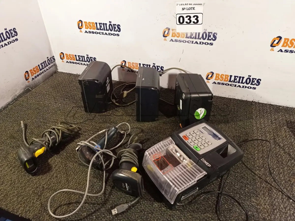 LOTE 033 - 01 RELÓGIO DE PONTO MARCA DIMEP, 03 LEITORAS DE CÓDIGO DE BARRAS A LASER, SENDO 02 MARCA BEMATECH E 01 ELGIN E 03 LEITORAS DE CÓDIGO DE BARRAS ENTRADA USB. (NO ESTADO) ATENÇÃO! FAZER A VISITAÇÃO ANTES DE ARREMATAR, NÃO SABEMOS SE FUNCIONA. LEILÃO NÃO TEM GARANTIA E NEM DEVOLUÇÃO, SUJEITO A POSSÍVEIS AVARIAS VISÍVEIS/OCULTAS E/OU AUSÊNCIA DE COMPONENTES.
