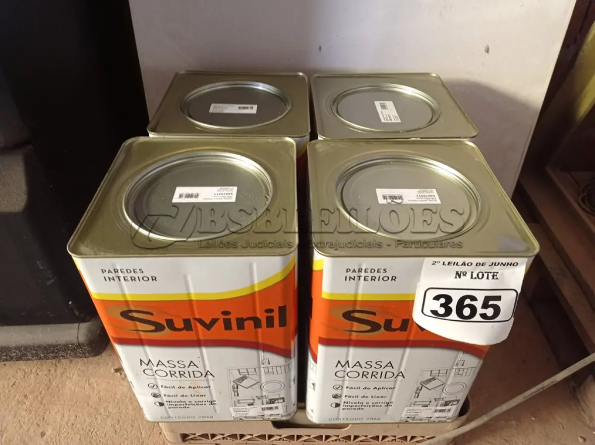 LOTE 365 - 01 LOTE COM 04 LATAS DE MASSA CORRIDA PARA PAREDES INTERIOR CONTENDO 28KG CADA MARCA SUVINIL. (NO ESTADO) ATENÇÃO! FAZER A VISITAÇÃO ANTES DE ARREMATAR, NÃO SABEMOS SE FUNCIONA. LEILÃO NÃO TEM GARANTIA E NEM DEVOLUÇÃO, SUJEITO A POSSÍVEIS AVARIAS VISÍVEIS/OCULTAS E/OU AUSÊNCIA DE COMPONENTES.