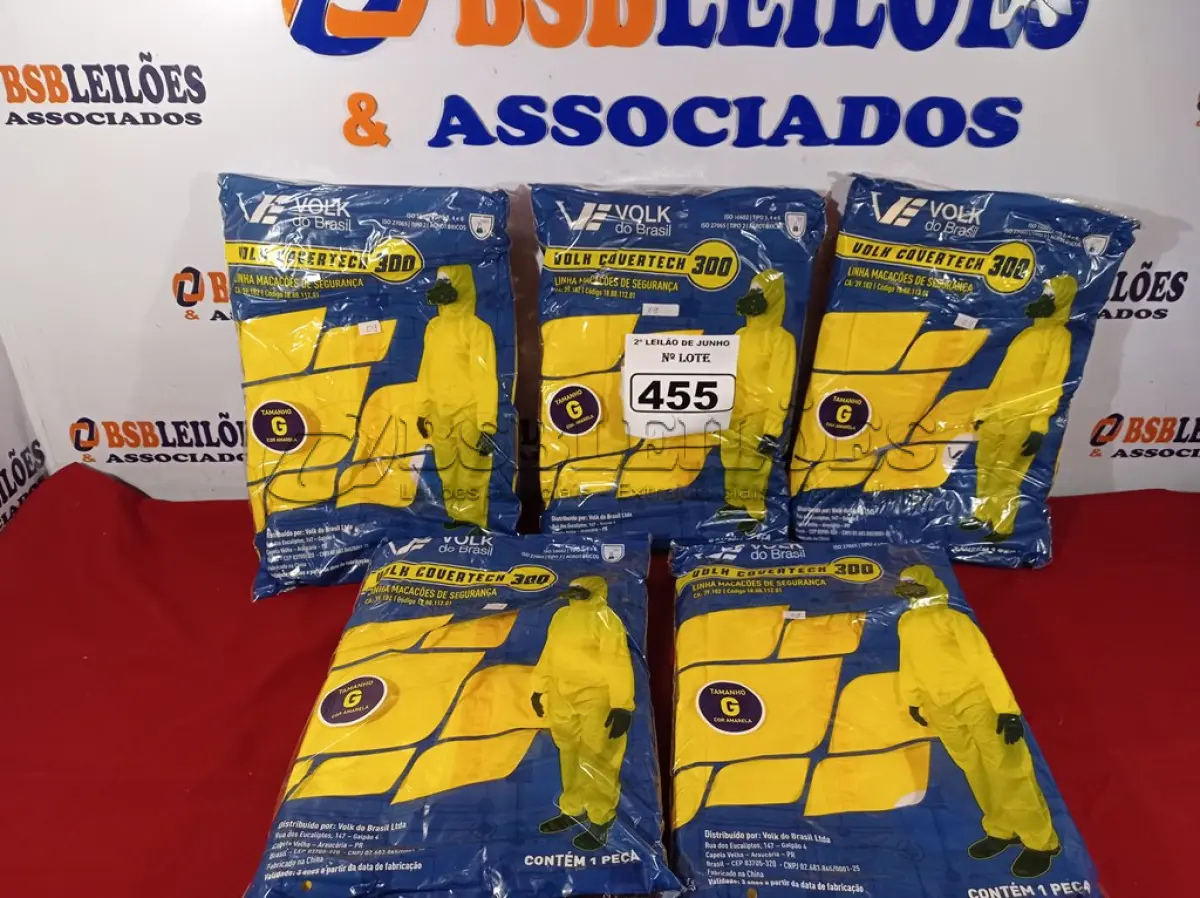 LOTE 455 - 01 LOTE COM 05 MACACÕES VOLH COVERTECH 300 TAMANHO G NA COR AMARELA. (NOVO) (NO ESTADO) ATENÇÃO! FAZER A VISITAÇÃO ANTES DE ARREMATAR, NÃO SABEMOS SE FUNCIONA. LEILÃO NÃO TEM GARANTIA E NEM DEVOLUÇÃO, SUJEITO A POSSÍVEIS AVARIAS VISÍVEIS/OCULTAS E/OU AUSÊNCIA DE COMPONENTES.