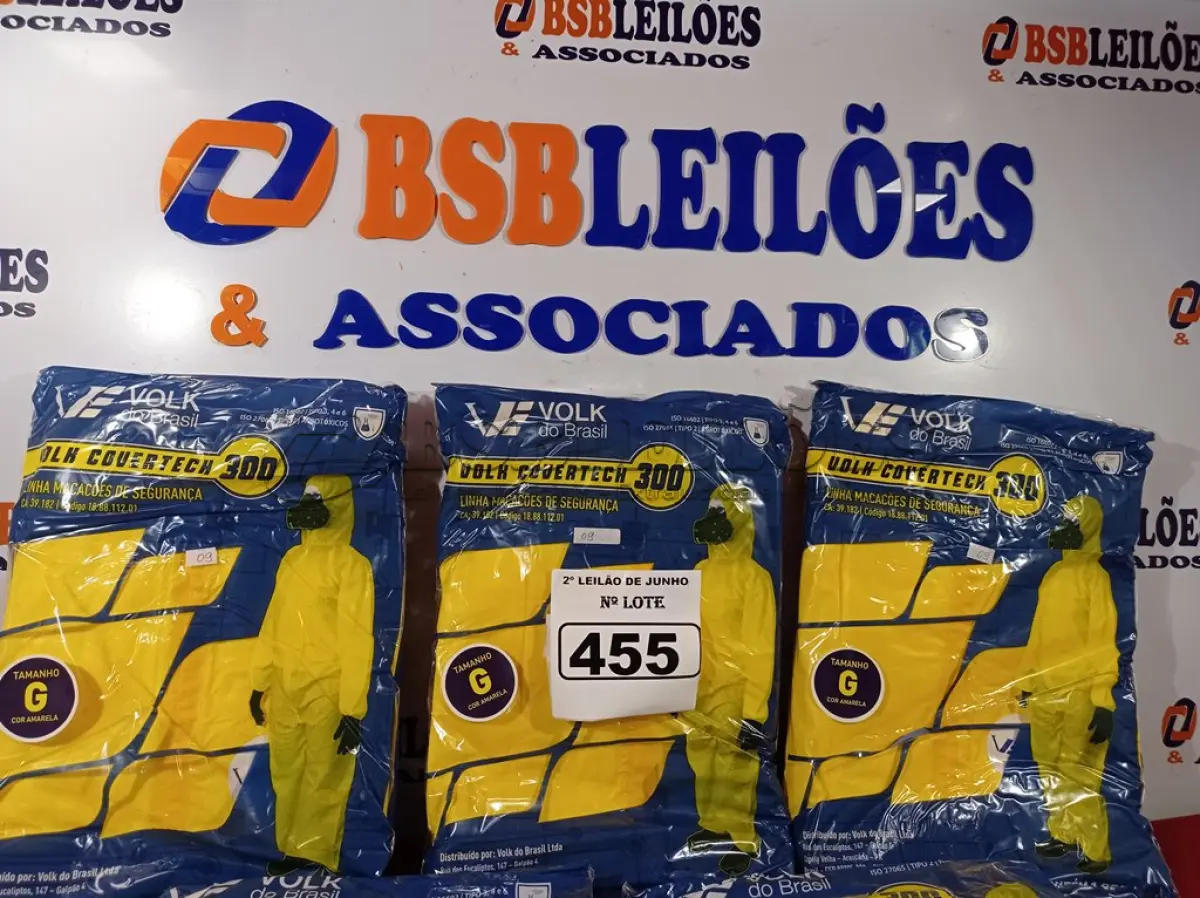 LOTE 455 - 01 LOTE COM 05 MACACÕES VOLH COVERTECH 300 TAMANHO G NA COR AMARELA. (NOVO) (NO ESTADO) ATENÇÃO! FAZER A VISITAÇÃO ANTES DE ARREMATAR, NÃO SABEMOS SE FUNCIONA. LEILÃO NÃO TEM GARANTIA E NEM DEVOLUÇÃO, SUJEITO A POSSÍVEIS AVARIAS VISÍVEIS/OCULTAS E/OU AUSÊNCIA DE COMPONENTES.