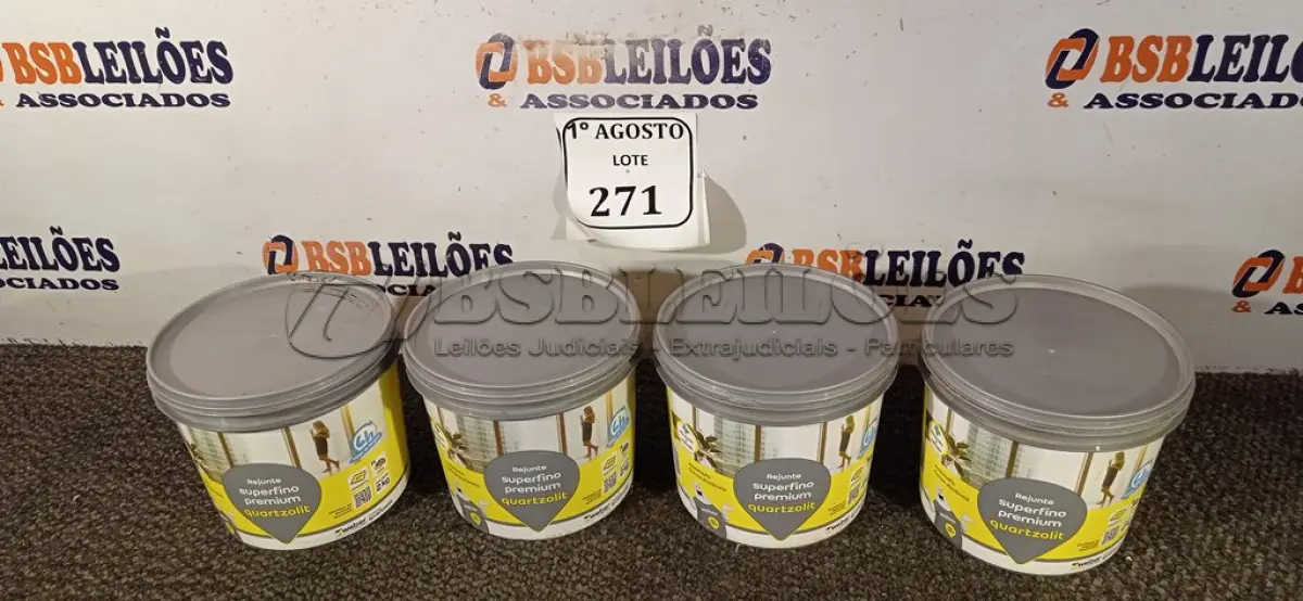 LOTE 271 - 04 BALDINHOS DE REJUNTE SUPERFINO PREMIUM QUARTZOLIT COM 2KG CADA. (NO ESTADO) ATENÇÃO! FAZER A VISITAÇÃO ANTES DE ARREMATAR, NÃO SABEMOS SE FUNCIONA. LEILÃO NÃO TEM GARANTIA E NEM DEVOLUÇÃO, SUJEITO A POSSÍVEIS AVARIAS VISÍVEIS/OCULTAS E/OU AUSÊNCIA DE COMPONENTES.