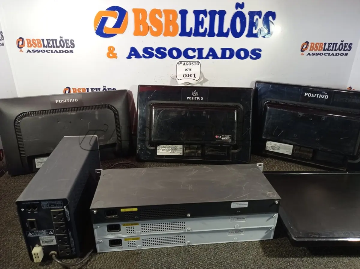 LOTE 081 - 03 SWITCHES, 01 NOBREAK E 04 MONITORES SEM BASE. (NO ESTADO) ATENÇÃO! FAZER A VISITAÇÃO ANTES DE ARREMATAR, NÃO SABEMOS SE FUNCIONA. LEILÃO NÃO TEM GARANTIA E NEM DEVOLUÇÃO, SUJEITO A POSSÍVEIS AVARIAS VISÍVEIS/OCULTAS E/OU AUSÊNCIA DE COMPONENTES.