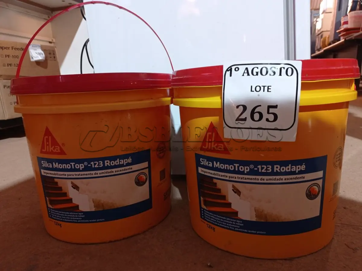 LOTE 265 - 02 LATAS DE SIKA MONOTOP-123 RODAPÉ IMPERMEABILIZANTE PARA TRATAMENTO DE UMIDADE ASCENDENTE COM 12KG CADA. (NO ESTADO) ATENÇÃO! FAZER A VISITAÇÃO ANTES DE ARREMATAR, NÃO SABEMOS SE FUNCIONA. LEILÃO NÃO TEM GARANTIA E NEM DEVOLUÇÃO, SUJEITO A POSSÍVEIS AVARIAS VISÍVEIS/OCULTAS E/OU AUSÊNCIA DE COMPONENTES.