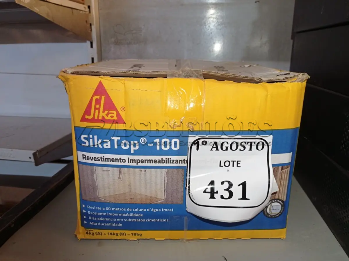 LOTE 431 - 01 CAIXA SIKA TOP 100 REVESTIMENTO IMPERMEABILIZANTE SEMI-FLEXIVEL 18KG. (NO ESTADO) ATENÇÃO! FAZER A VISITAÇÃO ANTES DE ARREMATAR, NÃO SABEMOS SE FUNCIONA. LEILÃO NÃO TEM GARANTIA E NEM DEVOLUÇÃO, SUJEITO A POSSÍVEIS AVARIAS VISÍVEIS/OCULTAS E/OU AUSÊNCIA DE COMPONENTES.
