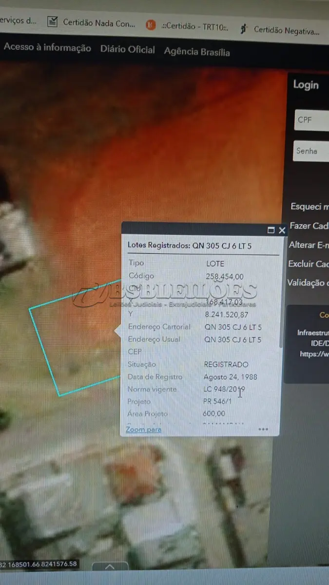 LOTE 002 - QUADRA QN 305 CONJUNTO 6 LOTE Nº 05, SAMAMBAIA-DF. LOTE MEDINDO 30,00M DE FRENTE E FUNDO E 20,00 M PELAS LATERAIS, TOTALIZANDO A AREA DE 600M2, LIMITANDO-SE PELA FRENTE COM VIA PUBLICA, PELO FUNDO COM O LOTE 02,  PELA LATERAL DIREITA COM O LOTE 4,  PELA LATERAL ESQUERDA COM OS  LOTES 6 E 7. MATRÍCULA Nº 311974. (NO ESTADO)