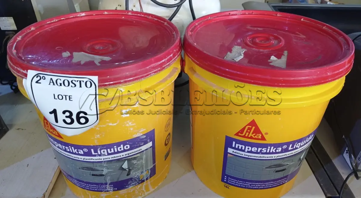 LOTE 136 - 02 BALDES DE IMPERSIKA LÍQUIDO ADITIVO PLASTIFICANTE PARA ARGAMASSA DE ASSENTAMENTO E REBOCO, 18 LITROS CADA. (NO ESTADO) ATENÇÃO! FAZER A VISITAÇÃO ANTES DE ARREMATAR, NÃO SABEMOS SE FUNCIONA. LEILÃO NÃO TEM GARANTIA E NEM DEVOLUÇÃO, SUJEITO A POSSÍVEIS AVARIAS VISÍVEIS/OCULTAS E/OU AUSÊNCIA DE COMPONENTES.