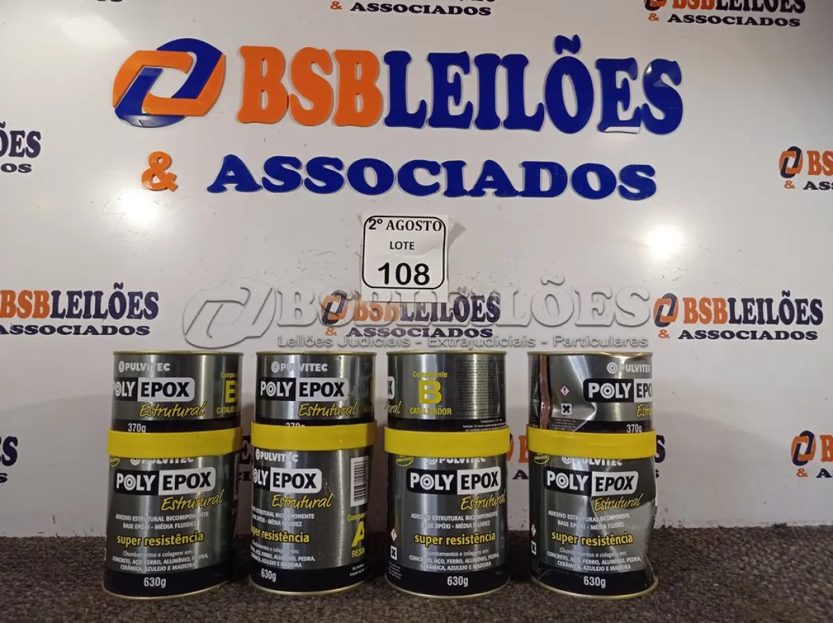 LOTE 108 - 04 ADESIVOS POLYEPOX 630G CADA.  (NO ESTADO) ATENÇÃO! FAZER A VISITAÇÃO ANTES DE ARREMATAR, NÃO SABEMOS SE FUNCIONA. LEILÃO NÃO TEM GARANTIA E NEM DEVOLUÇÃO, SUJEITO A POSSÍVEIS AVARIAS VISÍVEIS/OCULTAS E/OU AUSÊNCIA DE COMPONENTES.