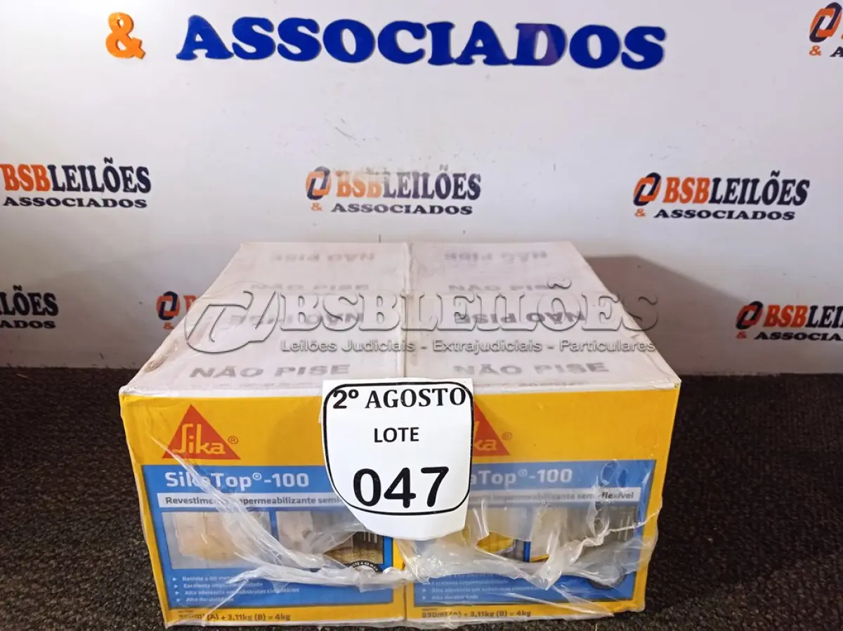 LOTE 047 - 04 CAIXAS SIKATOP-100 REVESTIMENTO IMPERMEABILIZANTE SEMI-FLEXIVEL DE 4KG CADA. (NO ESTADO) ATENÇÃO! FAZER A VISITAÇÃO ANTES DE ARREMATAR, NÃO SABEMOS SE FUNCIONA. LEILÃO NÃO TEM GARANTIA E NEM DEVOLUÇÃO, SUJEITO A POSSÍVEIS AVARIAS VISÍVEIS/OCULTAS E/OU AUSÊNCIA DE COMPONENTES.