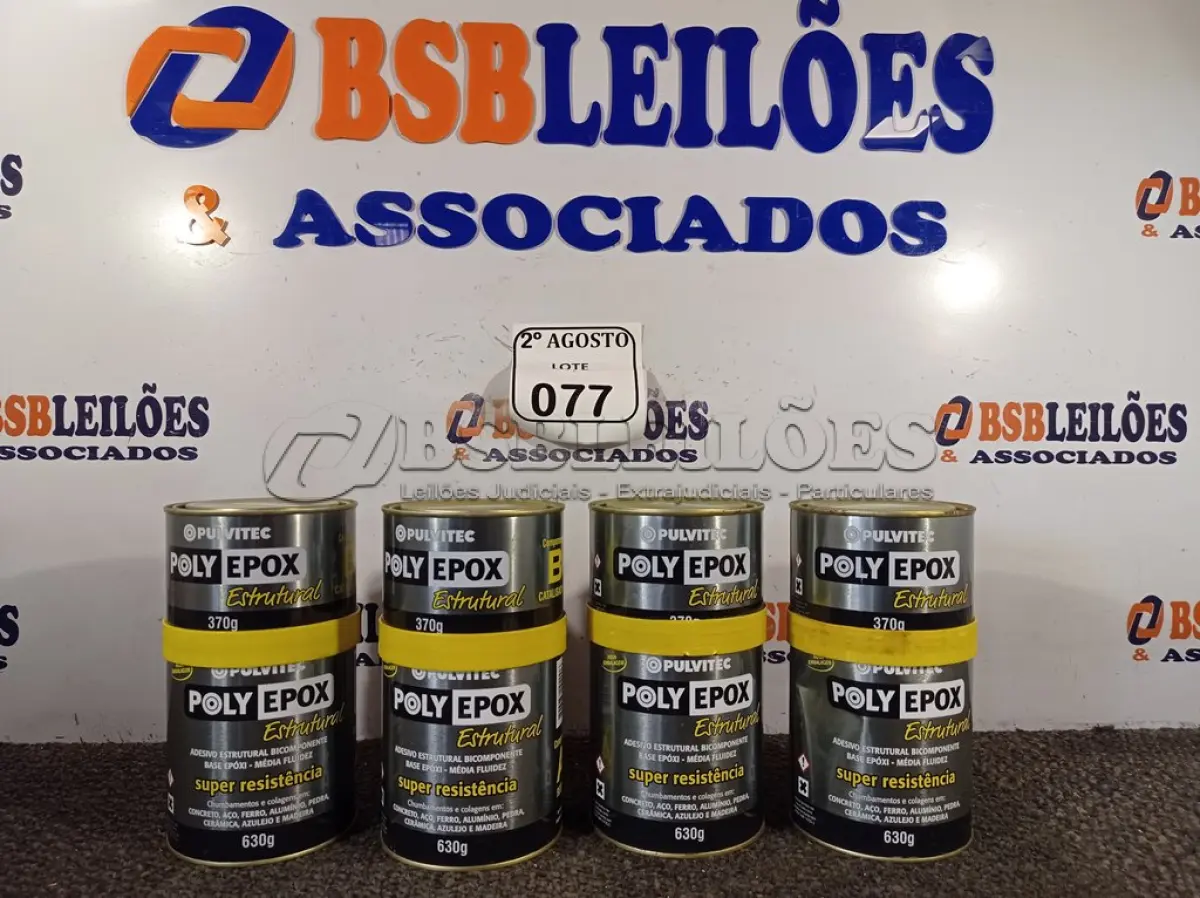 LOTE 077 - 04 ADESIVOS POLYEPOX 630G CADA. (NO ESTADO) ATENÇÃO! FAZER A VISITAÇÃO ANTES DE ARREMATAR, NÃO SABEMOS SE FUNCIONA. LEILÃO NÃO TEM GARANTIA E NEM DEVOLUÇÃO, SUJEITO A POSSÍVEIS AVARIAS VISÍVEIS/OCULTAS E/OU AUSÊNCIA DE COMPONENTES.