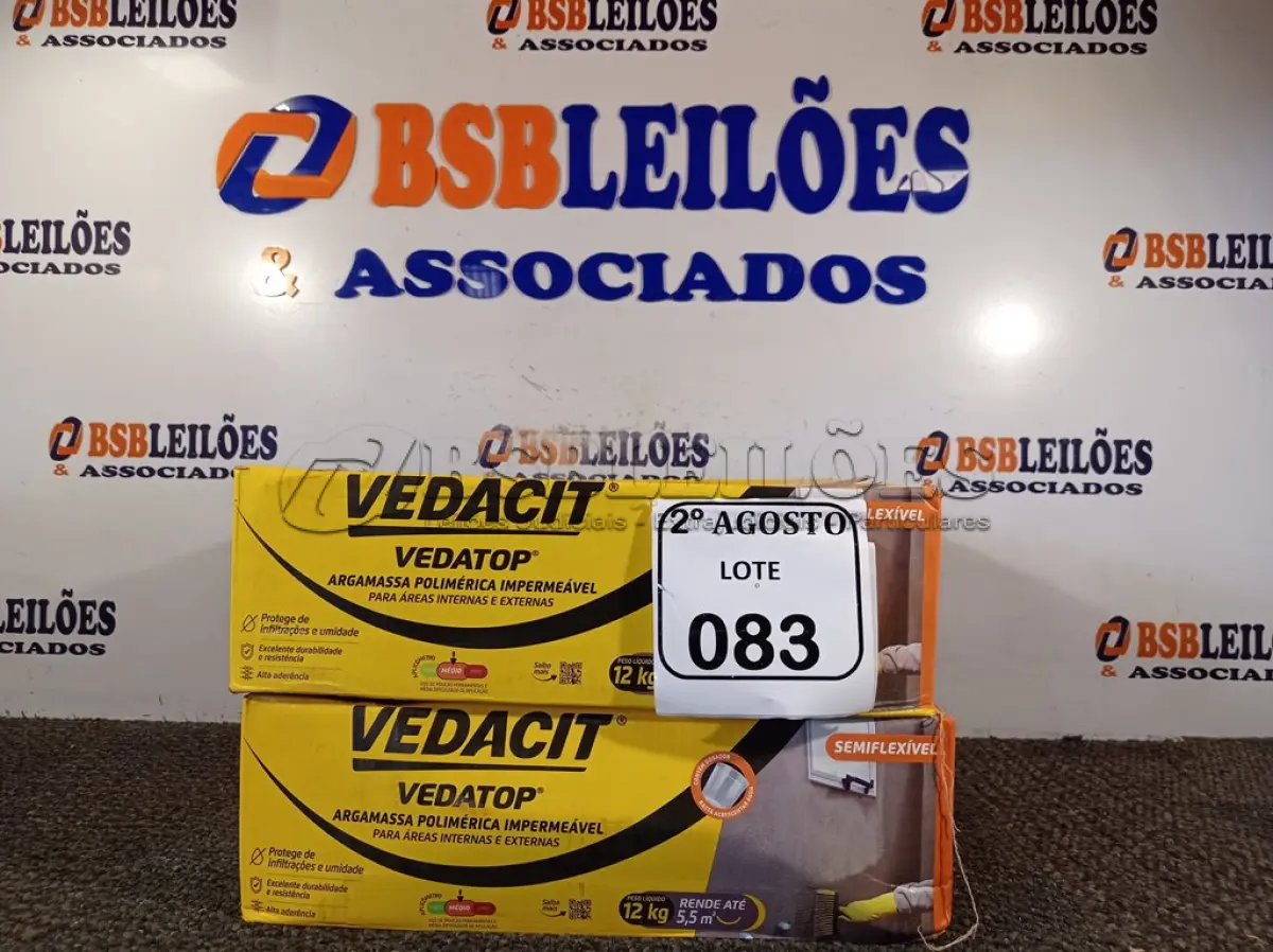 LOTE 083 - 02 VEDACIT ARGAMASSA POLIMÉRICA IMPERMEÁVEL 12KGS CADA. (NO ESTADO) ATENÇÃO! FAZER A VISITAÇÃO ANTES DE ARREMATAR, NÃO SABEMOS SE FUNCIONA. LEILÃO NÃO TEM GARANTIA E NEM DEVOLUÇÃO, SUJEITO A POSSÍVEIS AVARIAS VISÍVEIS/OCULTAS E/OU AUSÊNCIA DE COMPONENTES.