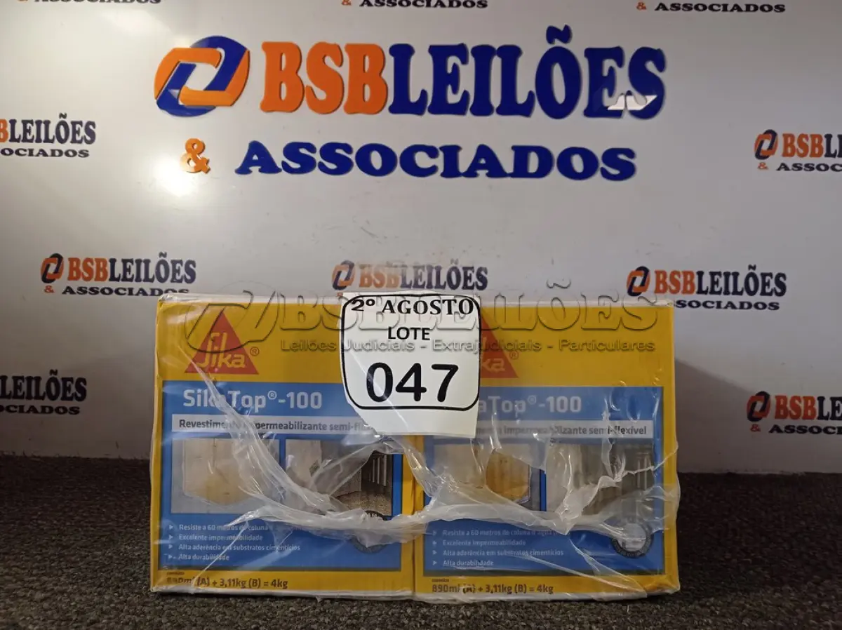 LOTE 047 - 04 CAIXAS SIKATOP-100 REVESTIMENTO IMPERMEABILIZANTE SEMI-FLEXIVEL DE 4KG CADA. (NO ESTADO) ATENÇÃO! FAZER A VISITAÇÃO ANTES DE ARREMATAR, NÃO SABEMOS SE FUNCIONA. LEILÃO NÃO TEM GARANTIA E NEM DEVOLUÇÃO, SUJEITO A POSSÍVEIS AVARIAS VISÍVEIS/OCULTAS E/OU AUSÊNCIA DE COMPONENTES.