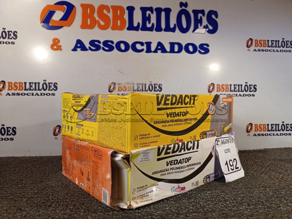 LOTE 192 - 02 VEDACIT ARGAMASSA POLIMÉRICA IMPERMEÁVEL 12KGS CADA. (NO ESTADO) ATENÇÃO! FAZER A VISITAÇÃO ANTES DE ARREMATAR, NÃO SABEMOS SE FUNCIONA. LEILÃO NÃO TEM GARANTIA E NEM DEVOLUÇÃO, SUJEITO A POSSÍVEIS AVARIAS VISÍVEIS/OCULTAS E/OU AUSÊNCIA DE COMPONENTES.