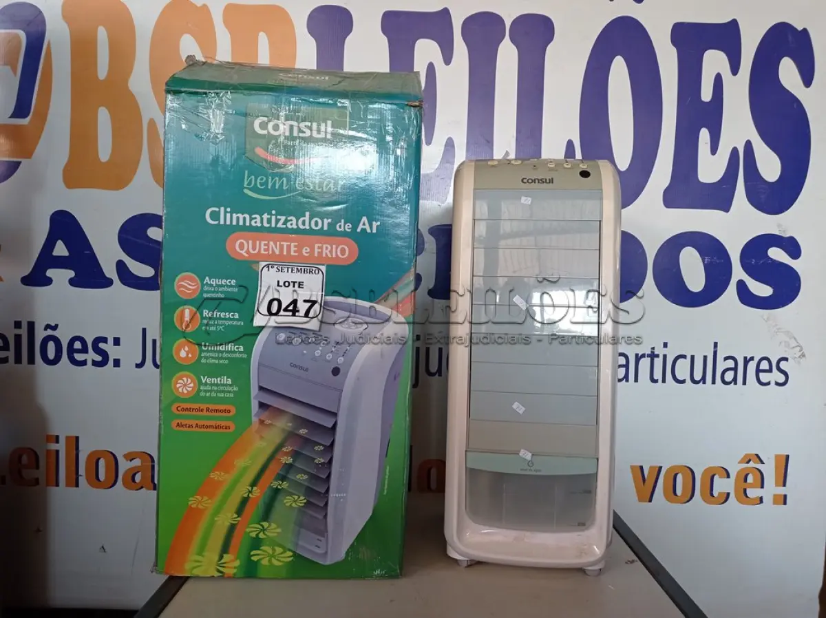 LOTE 047 - 01 CLIMATIZADOR DE AR MARCA CONSUL 110V. (NO ESTADO) ATENÇÃO! FAZER A VISITAÇÃO ANTES DE ARREMATAR, NÃO SABEMOS SE FUNCIONA. LEILÃO NÃO TEM GARANTIA E NEM DEVOLUÇÃO, SUJEITO A POSSÍVEIS AVARIAS VISÍVEIS/OCULTAS E/OU AUSÊNCIA DE COMPONENTES.