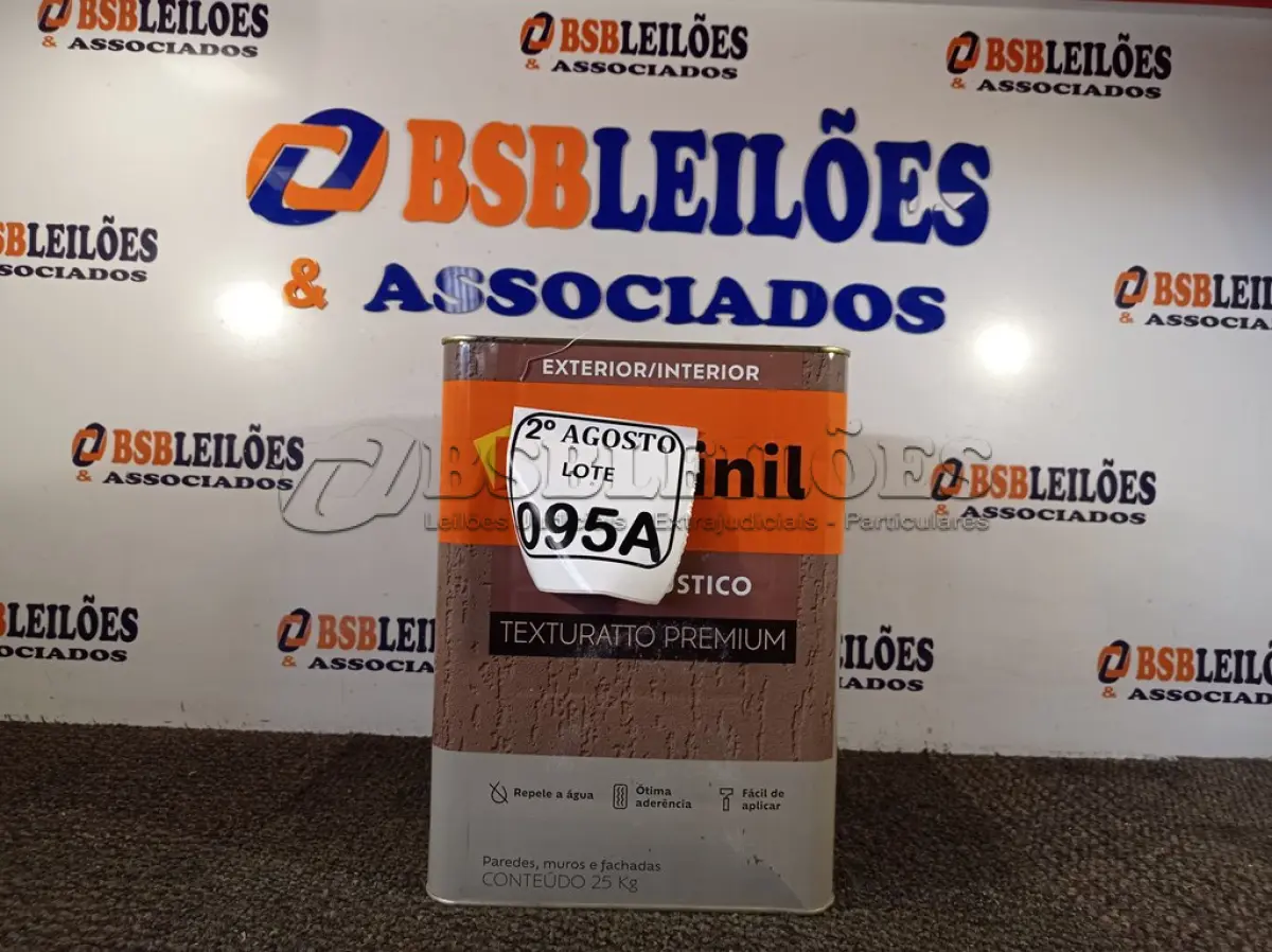 LOTE 095 - 01 LATA DE TINTA TEXTURATTO PREMIUM EFEITO RÚSTICO INTERIOR/EXTERIOR SUVINIL 25KG. (NO ESTADO) ATENÇÃO! FAZER A VISITAÇÃO ANTES DE ARREMATAR, NÃO SABEMOS SE FUNCIONA. LEILÃO NÃO TEM GARANTIA E NEM DEVOLUÇÃO, SUJEITO A POSSÍVEIS AVARIAS VISÍVEIS/OCULTAS E/OU AUSÊNCIA DE COMPONENTES.