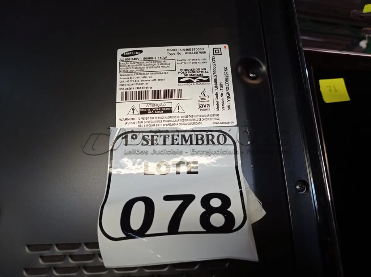 LOTE 078 - 01 TV SAMSUMG 46” POLEGADAS 220V. (NO ESTADO) ATENÇÃO! FAZER A VISITAÇÃO ANTES DE ARREMATAR, NÃO SABEMOS SE FUNCIONA. LEILÃO NÃO TEM GARANTIA E NEM DEVOLUÇÃO, SUJEITO A POSSÍVEIS AVARIAS VISÍVEIS/OCULTAS E/OU AUSÊNCIA DE COMPONENTES.