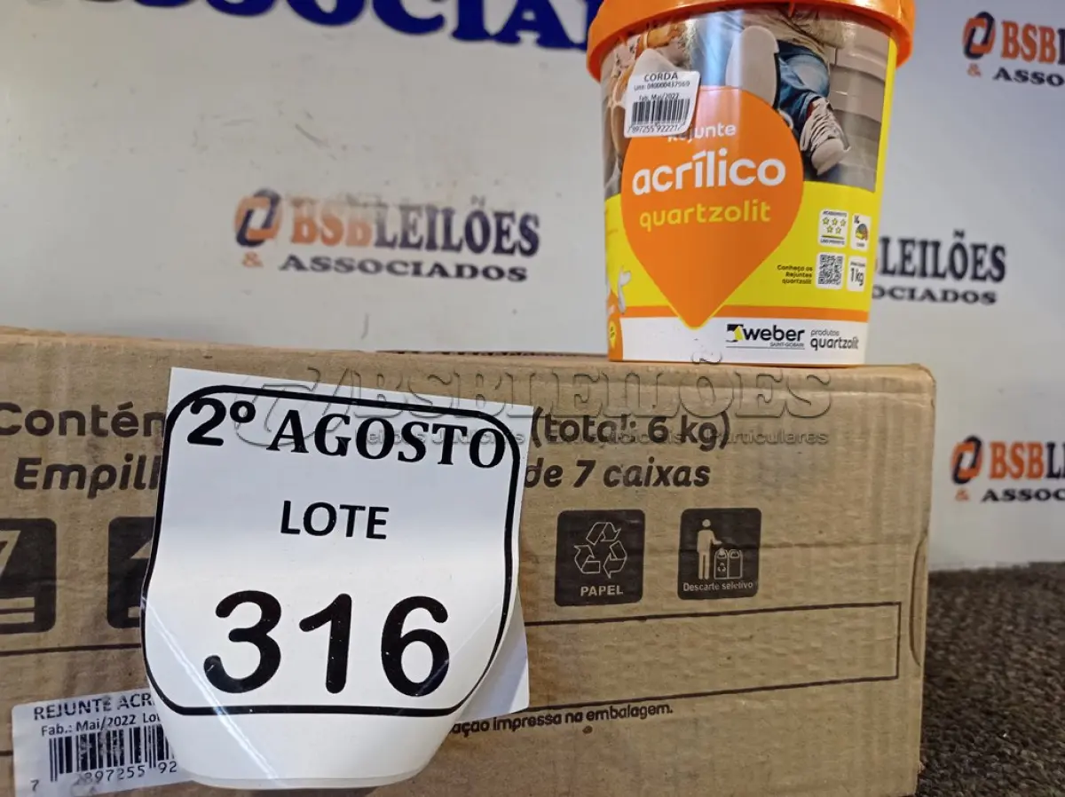 LOTE 316 - 06 REJUNTES ACRÍLICO 1KG CADA. (NO ESTADO) ATENÇÃO! FAZER A VISITAÇÃO ANTES DE ARREMATAR, NÃO SABEMOS SE FUNCIONA. LEILÃO NÃO TEM GARANTIA E NEM DEVOLUÇÃO, SUJEITO A POSSÍVEIS AVARIAS VISÍVEIS/OCULTAS E/OU AUSÊNCIA DE COMPONENTES.