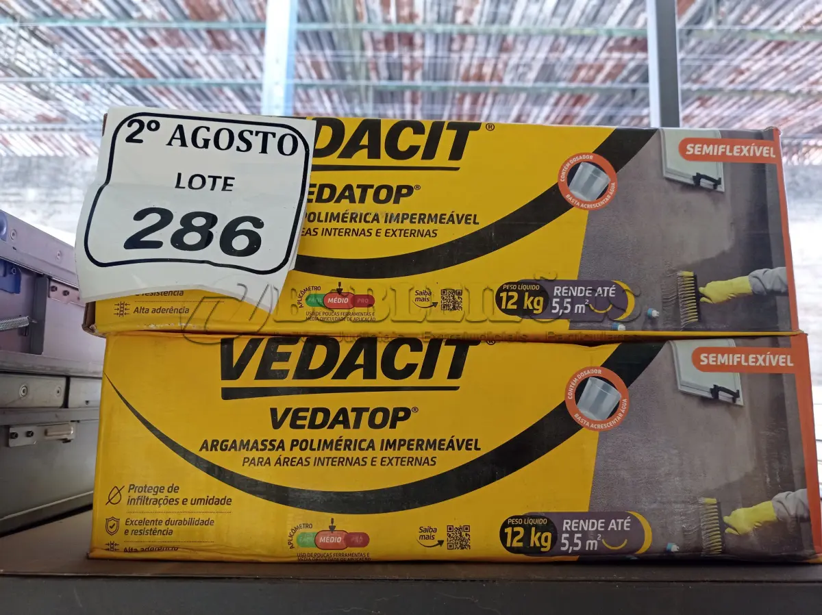LOTE 286 - 02 VEDACIT ARGAMASSA POLIMÉRICA IMPERMEÁVEL 12KGS CADA. (NO ESTADO) ATENÇÃO! FAZER A VISITAÇÃO ANTES DE ARREMATAR, NÃO SABEMOS SE FUNCIONA. LEILÃO NÃO TEM GARANTIA E NEM DEVOLUÇÃO, SUJEITO A POSSÍVEIS AVARIAS VISÍVEIS/OCULTAS E/OU AUSÊNCIA DE COMPONENTES.