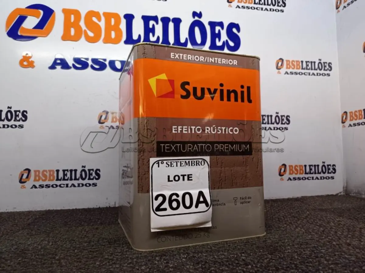 LOTE 260 - 01 LATA DE TINTA TEXTURATTO PREMIUM EFEITO RÚSTICO INTERIOR/EXTERIOR SUVINIL 25KG. (NO ESTADO) ATENÇÃO! FAZER A VISITAÇÃO ANTES DE ARREMATAR, NÃO SABEMOS SE FUNCIONA. LEILÃO NÃO TEM GARANTIA E NEM DEVOLUÇÃO, SUJEITO A POSSÍVEIS AVARIAS VISÍVEIS/OCULTAS E/OU AUSÊNCIA DE COMPONENTES.