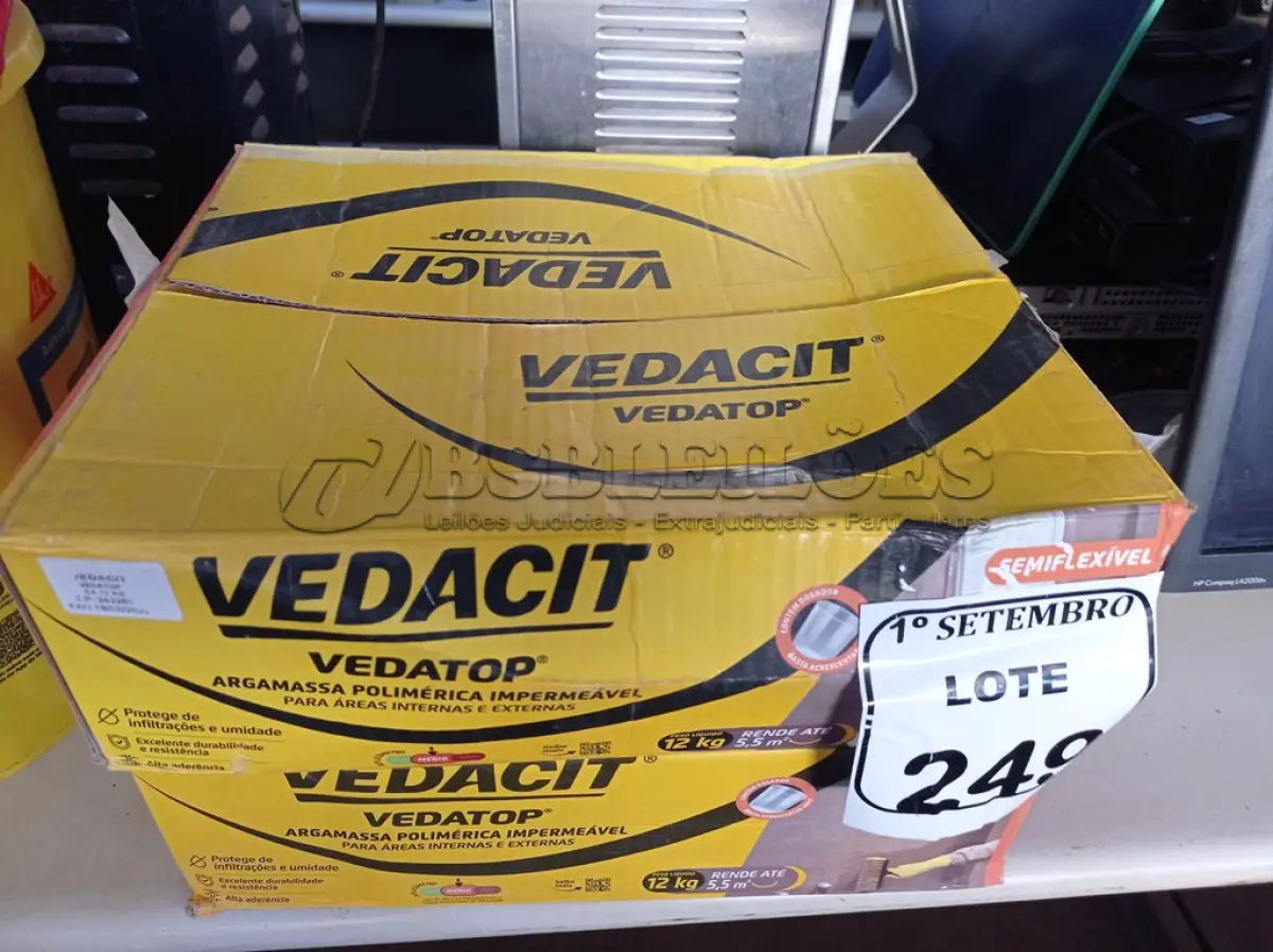 LOTE 249 - 02 CAIXAS DE VEDACIT ARGAMASSA POLIMÉRICA IMPERMEÁVEL 12KG CADA. (NO ESTADO) ATENÇÃO! FAZER A VISITAÇÃO ANTES DE ARREMATAR, NÃO SABEMOS SE FUNCIONA. LEILÃO NÃO TEM GARANTIA E NEM DEVOLUÇÃO, SUJEITO A POSSÍVEIS AVARIAS VISÍVEIS/OCULTAS E/OU AUSÊNCIA DE COMPONENTES.