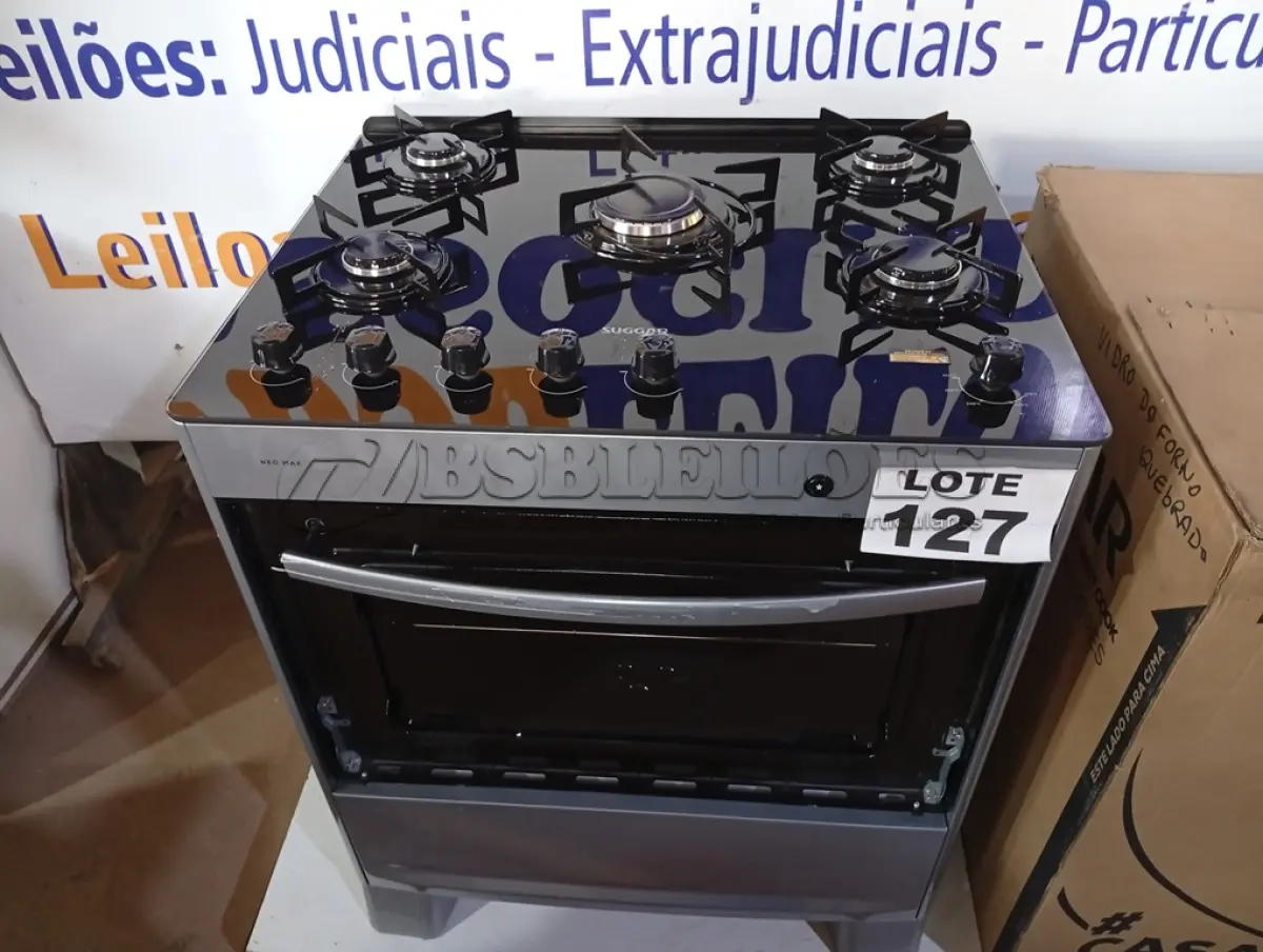 LOTE 127 - 01 - FOGÃO SUGGAR NEO MAX 5 BOCAS INOX MESA DE VIDRO FGV503PRIX BIVOLT (NO ESTADO, NÃO SABEMOS SE FUNCIONA. LEILÃO NÃO TEM GARANTIA E NEM DEVOLUÇÃO, SUJEITO A POSSÍVEIS AVARIAS VISÍVEIS/OCULTAS E/OU AUSÊNCIA DE COMPONENTES)