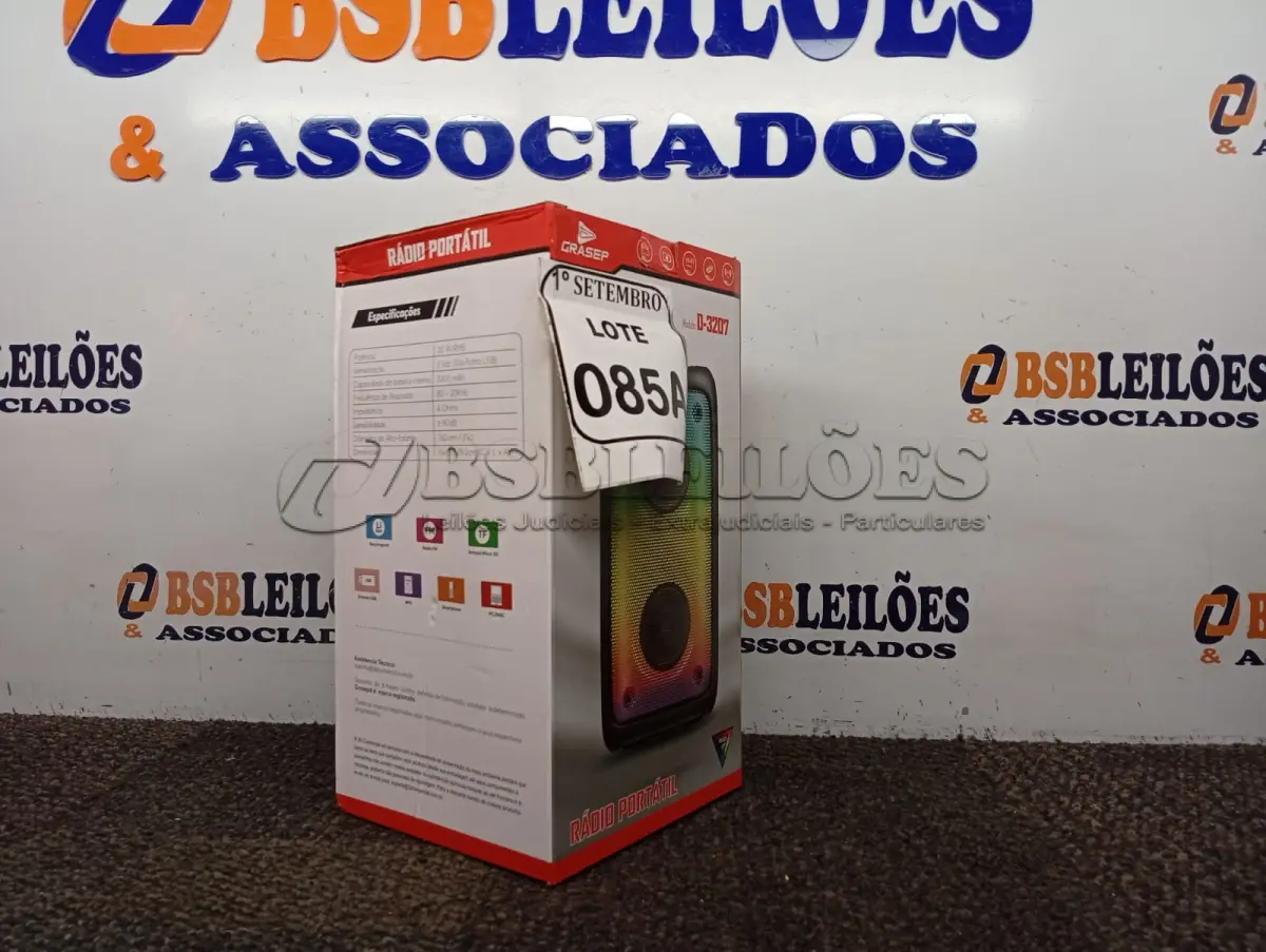LOTE 085 - 01 RÁDIO PORTÁTIL COM BLUETOOTH MARCA GRASEP MODELO D-3207. (NOVO) (NO ESTADO) ATENÇÃO! FAZER A VISITAÇÃO ANTES DE ARREMATAR, NÃO SABEMOS SE FUNCIONA. LEILÃO NÃO TEM GARANTIA E NEM DEVOLUÇÃO, SUJEITO A POSSÍVEIS AVARIAS VISÍVEIS/OCULTAS E/OU AUSÊNCIA DE COMPONENTES.