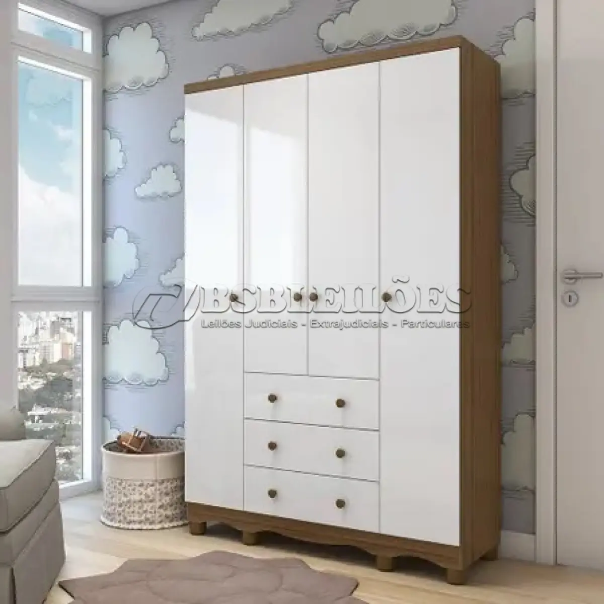 LOTE 158 - 01 - GUARDA ROUPA INFANTIL 4 PORTAS E 3 GAVETAS 100 MDF MIMO BRANCO (NO ESTADO, NÃO SABEMOS SE FUNCIONA. LEILÃO NÃO TEM GARANTIA E NEM DEVOLUÇÃO, SUJEITO A POSSÍVEIS AVARIAS VISÍVEIS/OCULTAS E/OU AUSÊNCIA DE COMPONENTES)