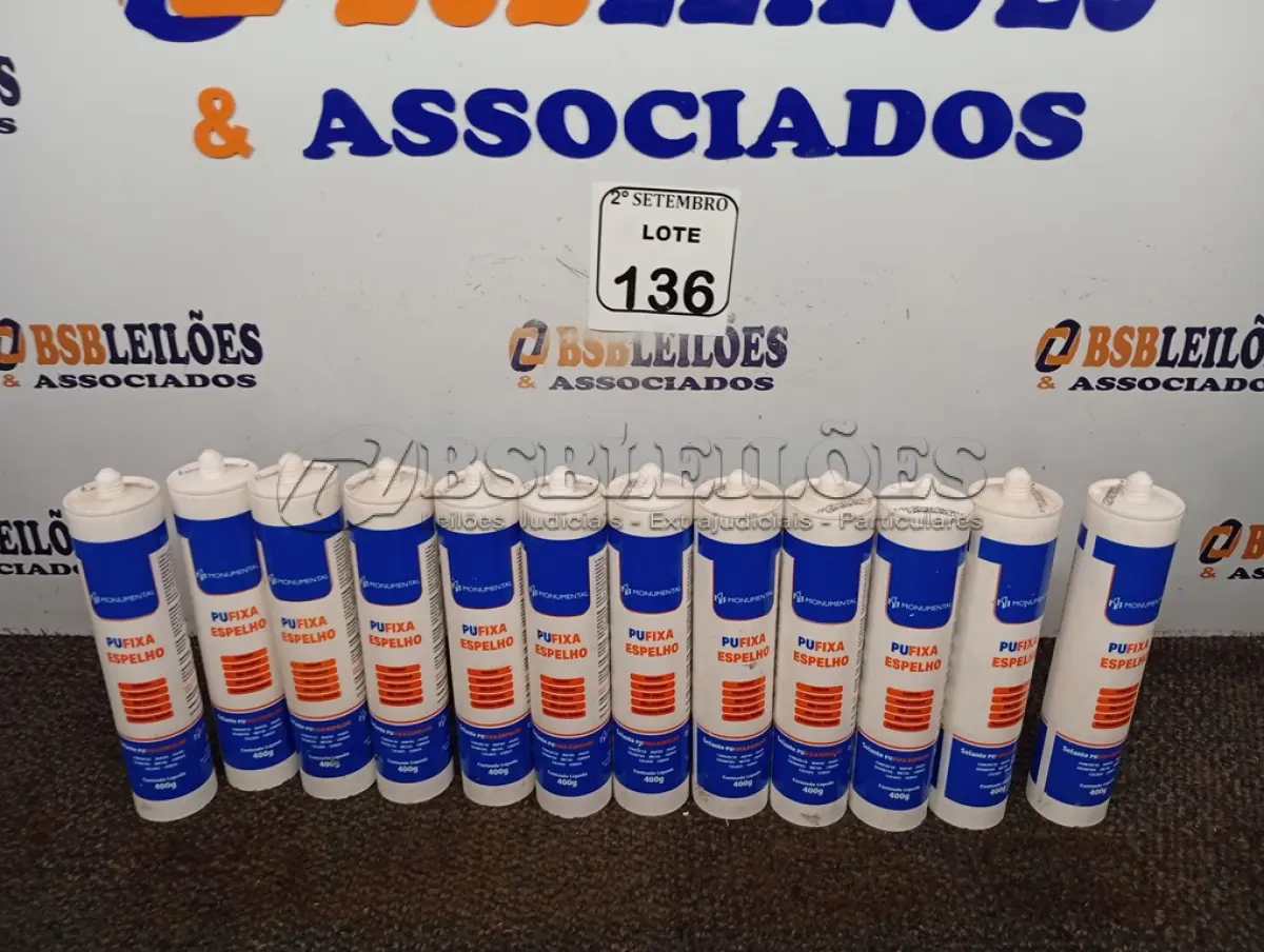 LOTE 136 - 12 CARTUCHOS DE SELANTE PUFIXA DE 400G CADA. (NO ESTADO) ATENÇÃO! FAZER A VISITAÇÃO ANTES DE ARREMATAR, NÃO SABEMOS SE FUNCIONA. LEILÃO NÃO TEM GARANTIA E NEM DEVOLUÇÃO, SUJEITO A POSSÍVEIS AVARIAS VISÍVEIS/OCULTAS E/OU AUSÊNCIA DE COMPONENTES.