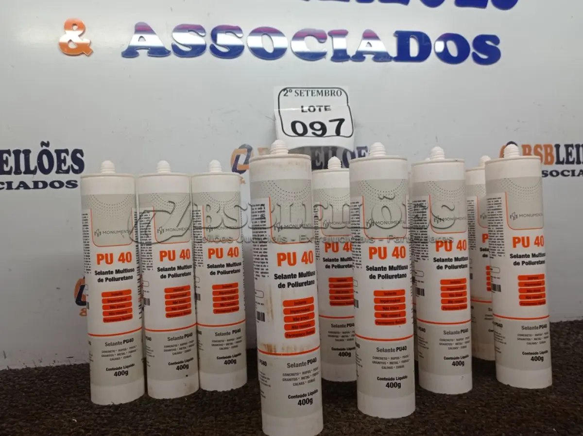 LOTE 097 - 12 SELANTES MULTIUSO DE POLIURETANO PU40 400G CADA. (NO ESTADO) ATENÇÃO! FAZER A VISITAÇÃO ANTES DE ARREMATAR, NÃO SABEMOS SE FUNCIONA. LEILÃO NÃO TEM GARANTIA E NEM DEVOLUÇÃO, SUJEITO A POSSÍVEIS AVARIAS VISÍVEIS/OCULTAS E/OU AUSÊNCIA DE COMPONENTES.