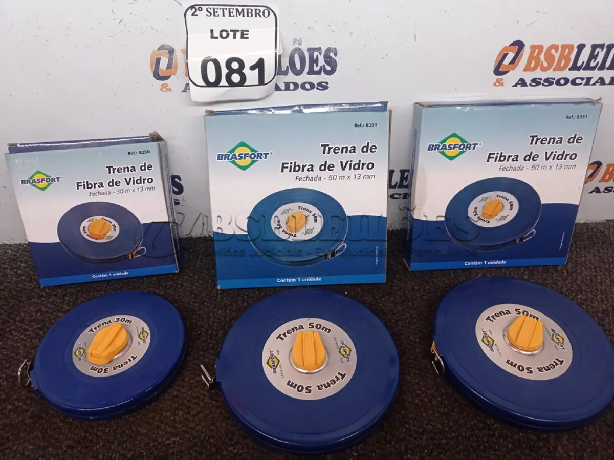 LOTE 081 - 02 TRENA FIBRA VIDRO 50M X 13MM (FECHADA) BRASFORT E 01 TRENA FIBRA VIDRO 30M X 13MM (FECHADA) BRASFORT (NO ESTADO) ATENÇÃO! FAZER A VISITAÇÃO ANTES DE ARREMATAR, NÃO SABEMOS SE FUNCIONA. LEILÃO NÃO TEM GARANTIA E NEM DEVOLUÇÃO, SUJEITO A POSSÍVEIS AVARIAS VISÍVEIS/OCULTAS E/OU AUSÊNCIA DE COMPONENTES.