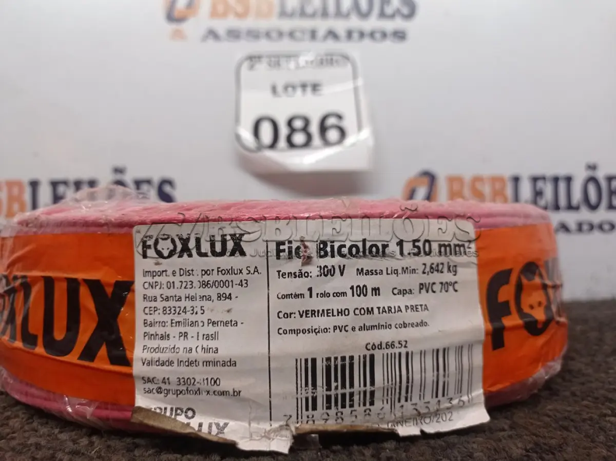LOTE 086 - 01 ROLO FIO BICOLOR 1,5MM 2X14 100 MT FOXLUX/FAMASTIL (NO ESTADO) ATENÇÃO! FAZER A VISITAÇÃO ANTES DE ARREMATAR, NÃO SABEMOS SE FUNCIONA. LEILÃO NÃO TEM GARANTIA E NEM DEVOLUÇÃO, SUJEITO A POSSÍVEIS AVARIAS VISÍVEIS/OCULTAS E/OU AUSÊNCIA DE COMPONENTES.