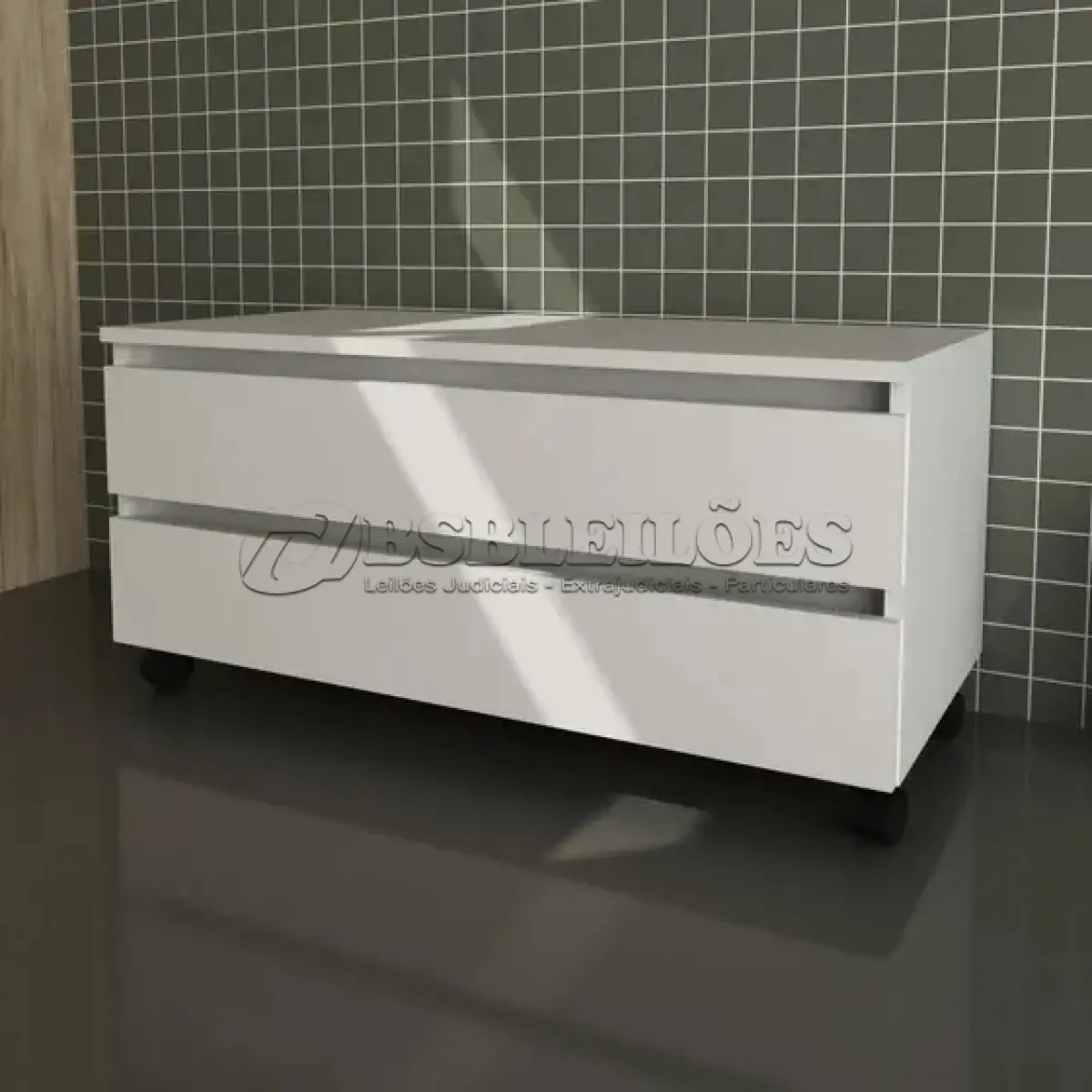 LOTE 065 - 01 - GABINETE PARA BANHEIRO COM RODÍZIOS 2 GAVETAS BN3603 TECNOMOBILI (NO ESTADO, NÃO SABEMOS SE FUNCIONA. LEILÃO NÃO TEM GARANTIA E NEM DEVOLUÇÃO, SUJEITO A POSSÍVEIS AVARIAS VISÍVEIS/OCULTAS E/OU AUSÊNCIA DE COMPONENTES)
