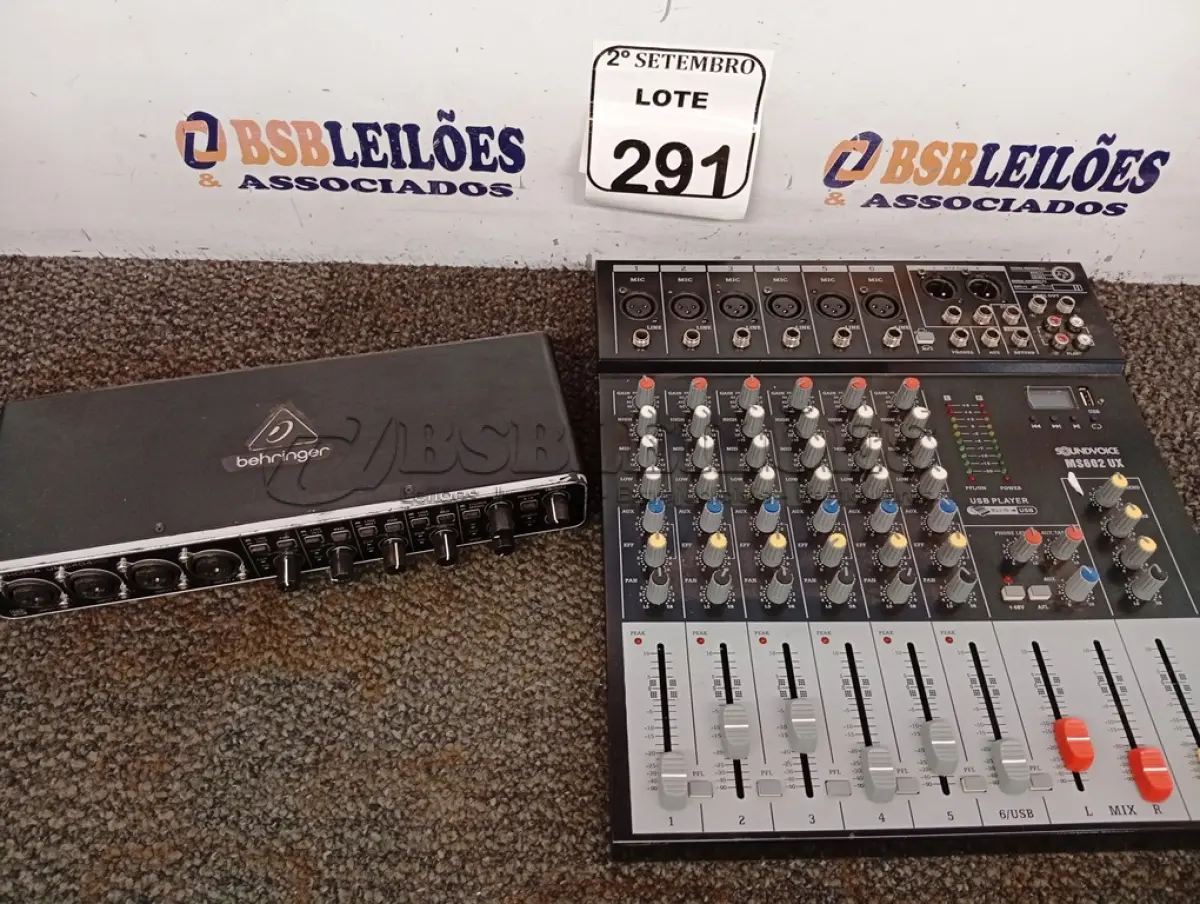LOTE 291 - 01 MESA DE SOM MS602 UX PARA A RETIRADA DE PEÇAS E 01 RECEPTOR DE ÁUDIO PARA MICROFONES U-PHORIA UMC404HD. (NO ESTADO) ATENÇÃO! FAZER A VISITAÇÃO ANTES DE ARREMATAR, NÃO SABEMOS SE FUNCIONA. LEILÃO NÃO TEM GARANTIA E NEM DEVOLUÇÃO, SUJEITO A POSSÍVEIS AVARIAS VISÍVEIS/OCULTAS E/OU AUSÊNCIA DE COMPONENTES.