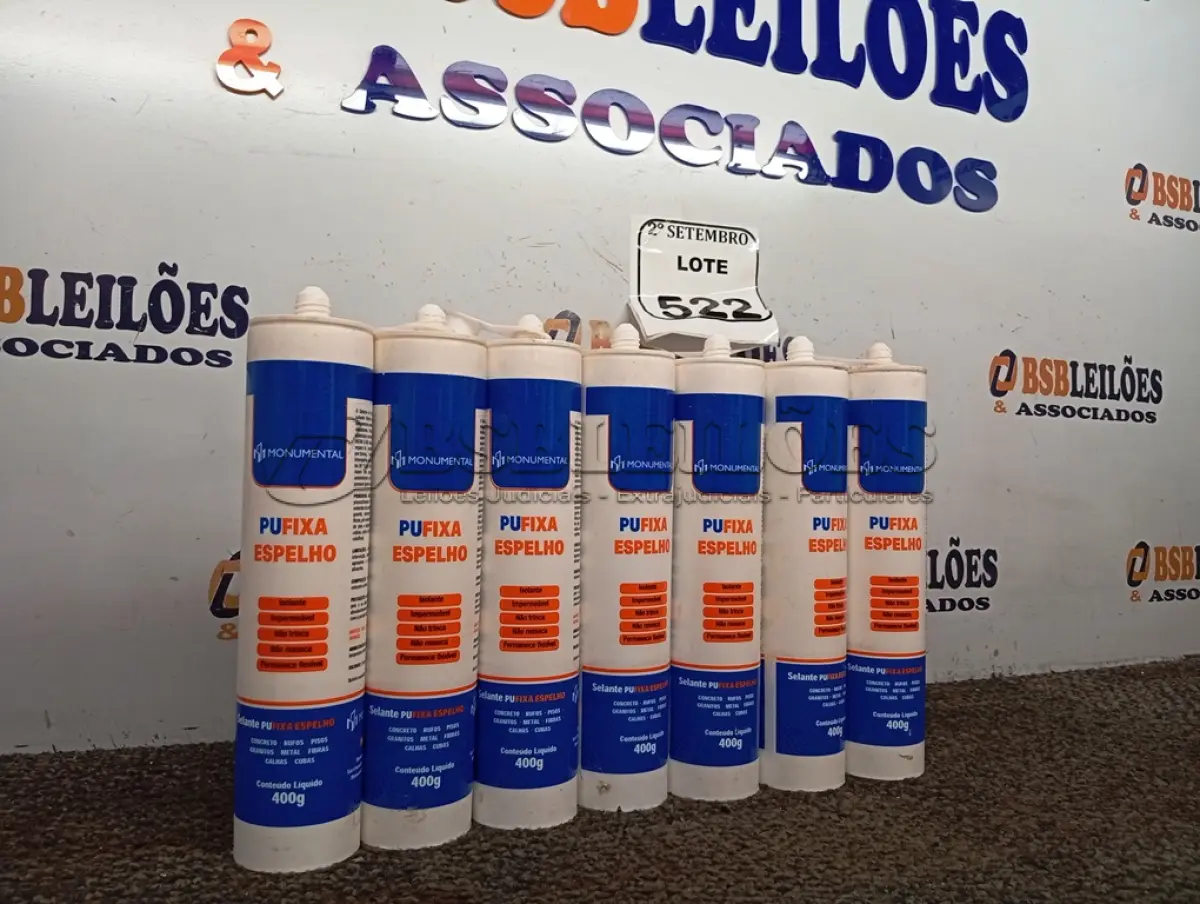 LOTE 522 - 12 CARTUCHOS DE SELANTE PUFIXA DE 400G CADA. (NO ESTADO) ATENÇÃO! FAZER A VISITAÇÃO ANTES DE ARREMATAR, NÃO SABEMOS SE FUNCIONA. LEILÃO NÃO TEM GARANTIA E NEM DEVOLUÇÃO, SUJEITO A POSSÍVEIS AVARIAS VISÍVEIS/OCULTAS E/OU AUSÊNCIA DE COMPONENTES.