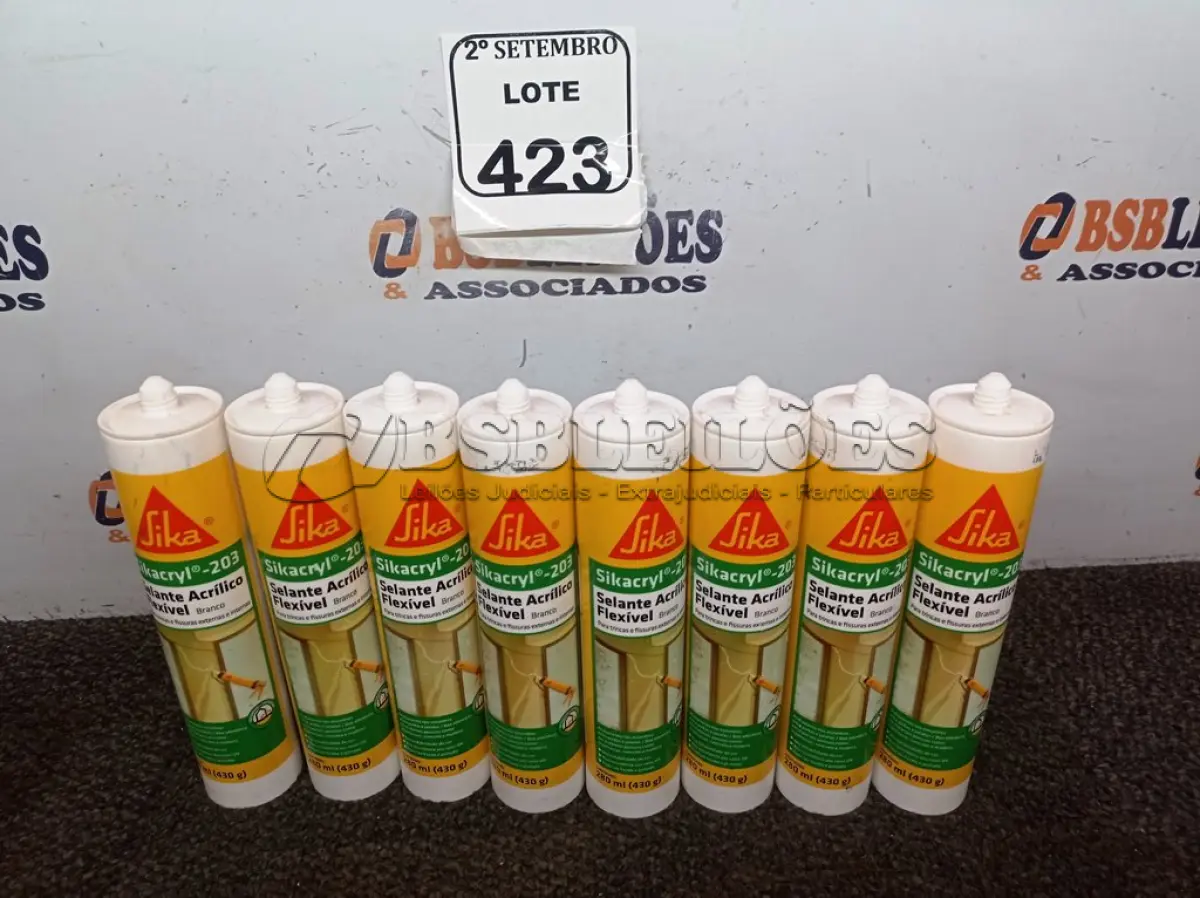 LOTE 423 - 08 SELANTES ACRÍLICO FLEXÍVEL P/TRINCAS E FISSURAS SIKA SIKACRYL -203 BRANCO 430G CADA. (NO ESTADO) ATENÇÃO! FAZER A VISITAÇÃO ANTES DE ARREMATAR, NÃO SABEMOS SE FUNCIONA. LEILÃO NÃO TEM GARANTIA E NEM DEVOLUÇÃO, SUJEITO A POSSÍVEIS AVARIAS VISÍVEIS/OCULTAS E/OU AUSÊNCIA DE COMPONENTES.
