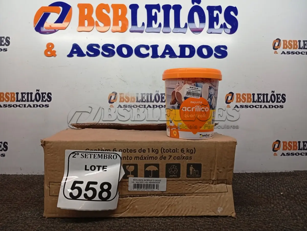 LOTE 558 - 06 REJUNTES ACRÍLICO NA COR CORDA DE 01KG CADA. (NO ESTADO) ATENÇÃO! FAZER A VISITAÇÃO ANTES DE ARREMATAR, NÃO SABEMOS SE FUNCIONA. LEILÃO NÃO TEM GARANTIA E NEM DEVOLUÇÃO, SUJEITO A POSSÍVEIS AVARIAS VISÍVEIS/OCULTAS E/OU AUSÊNCIA DE COMPONENTES.